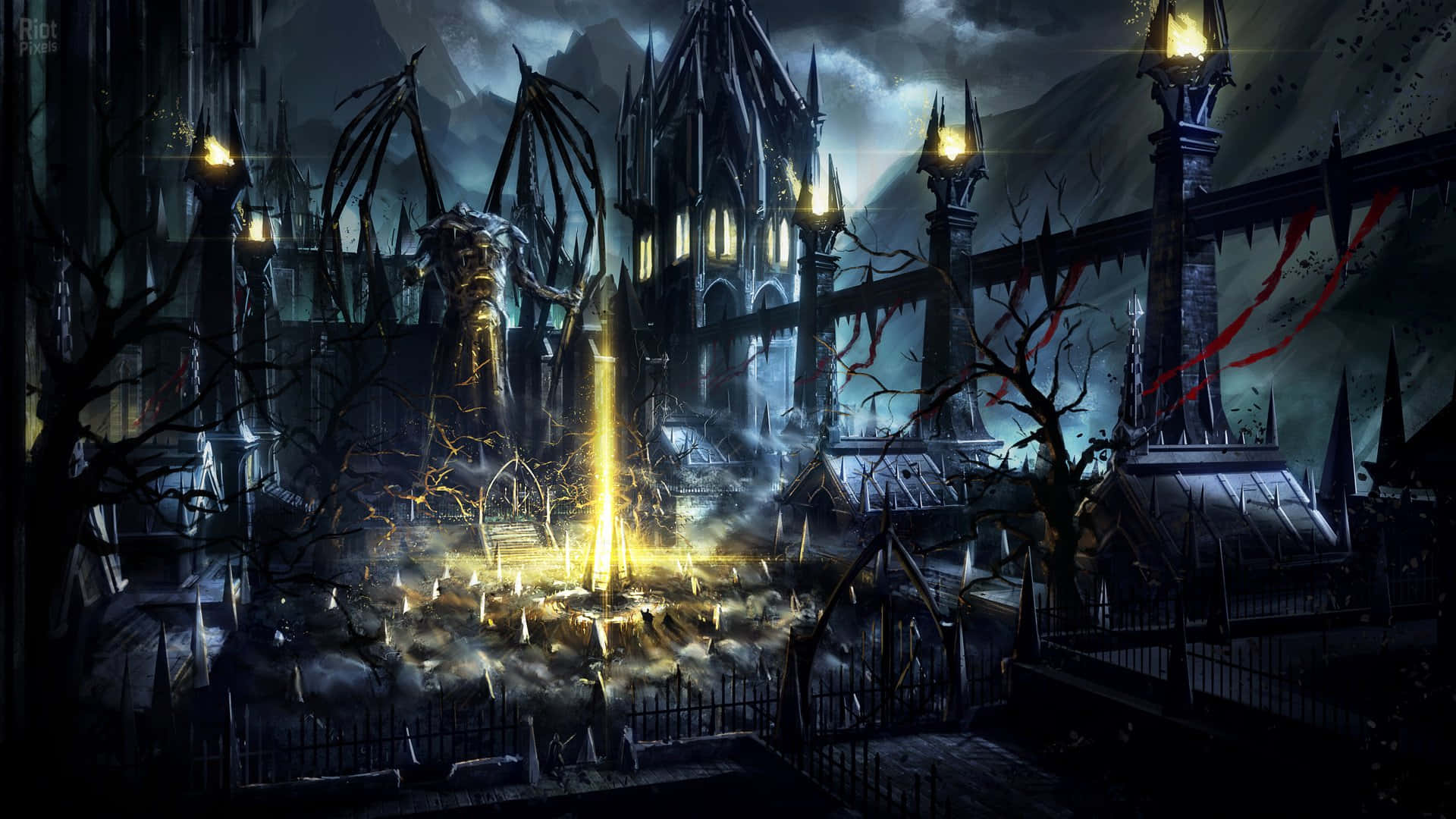 Dark Realm, gothic castle, glowing windows, Full HD Desktop Wallpaper