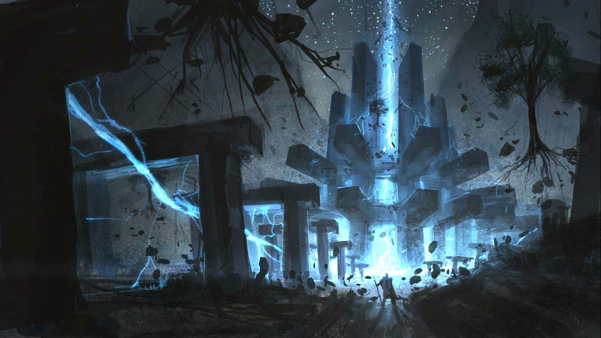 Dark Realm, electric blue energy, crumbling stone pillars, Full HD Desktop Wallpaper