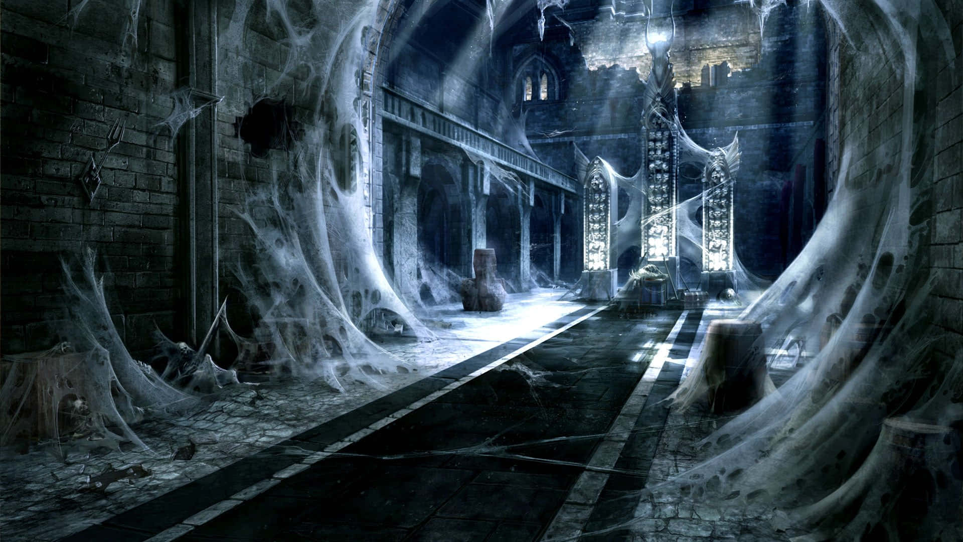 Dark Realm, abandoned cathedral, cobwebs, Full HD Desktop Wallpaper
