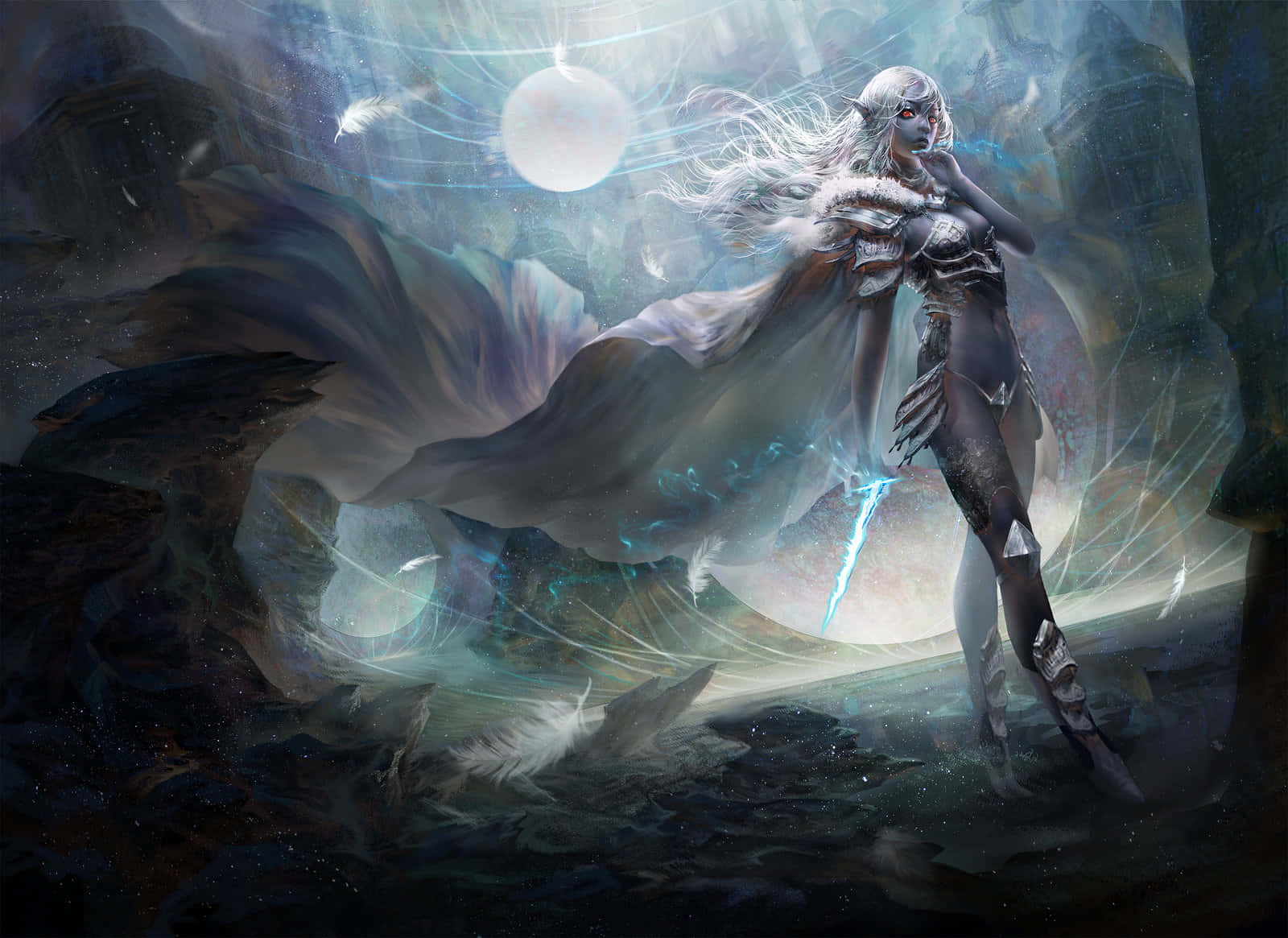 Dark Realm, pale elfin warrior, flowing white hair, HD Desktop Wallpaper