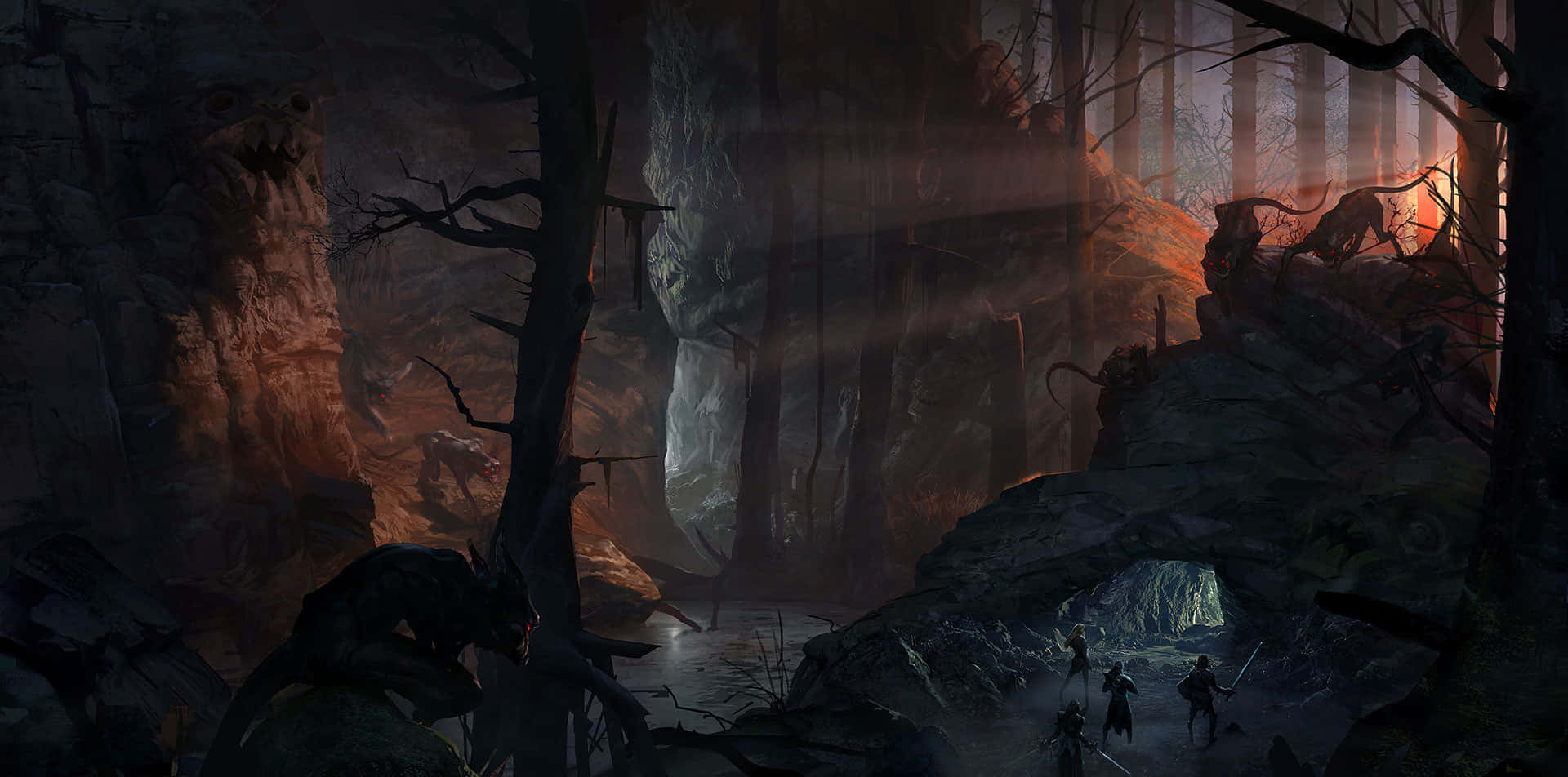 Dark Realm, mystical forest, glowing orange light, Full HD Desktop Wallpaper