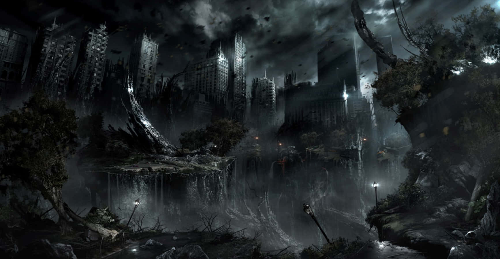 Dark Realm, stormy cityscape, crumbling skyscrapers, HD Desktop Wallpaper