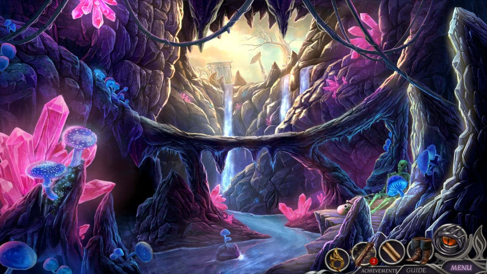 Dark Realm, glowing pink and blue crystals, waterfall, HD Desktop Wallpaper