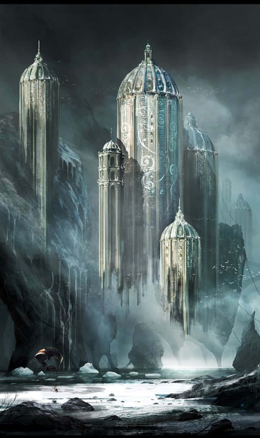 Dark Realm, crystalline towers, misty cliffs, HD Phone Wallpaper