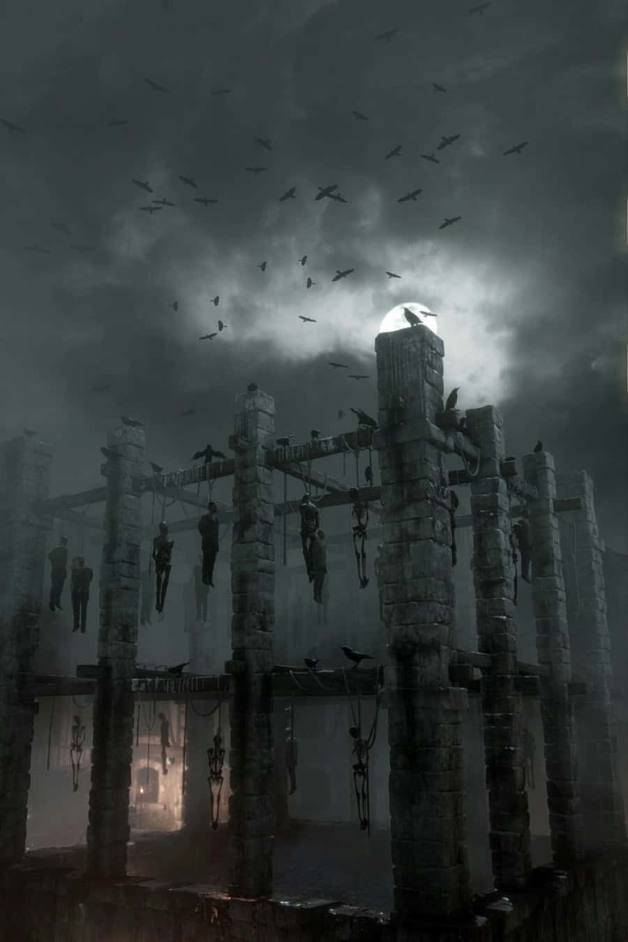 Dark Realm, stone scaffold, moonlit sky, HD Phone Wallpaper