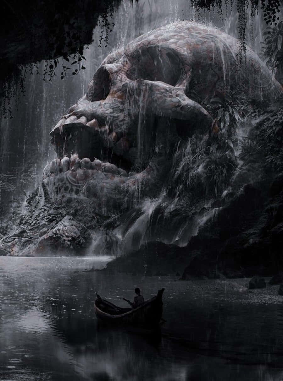 Dark Realm, colossal skull-shaped waterfall, misty, eerie jungle gorge, SD Phone Wallpaper