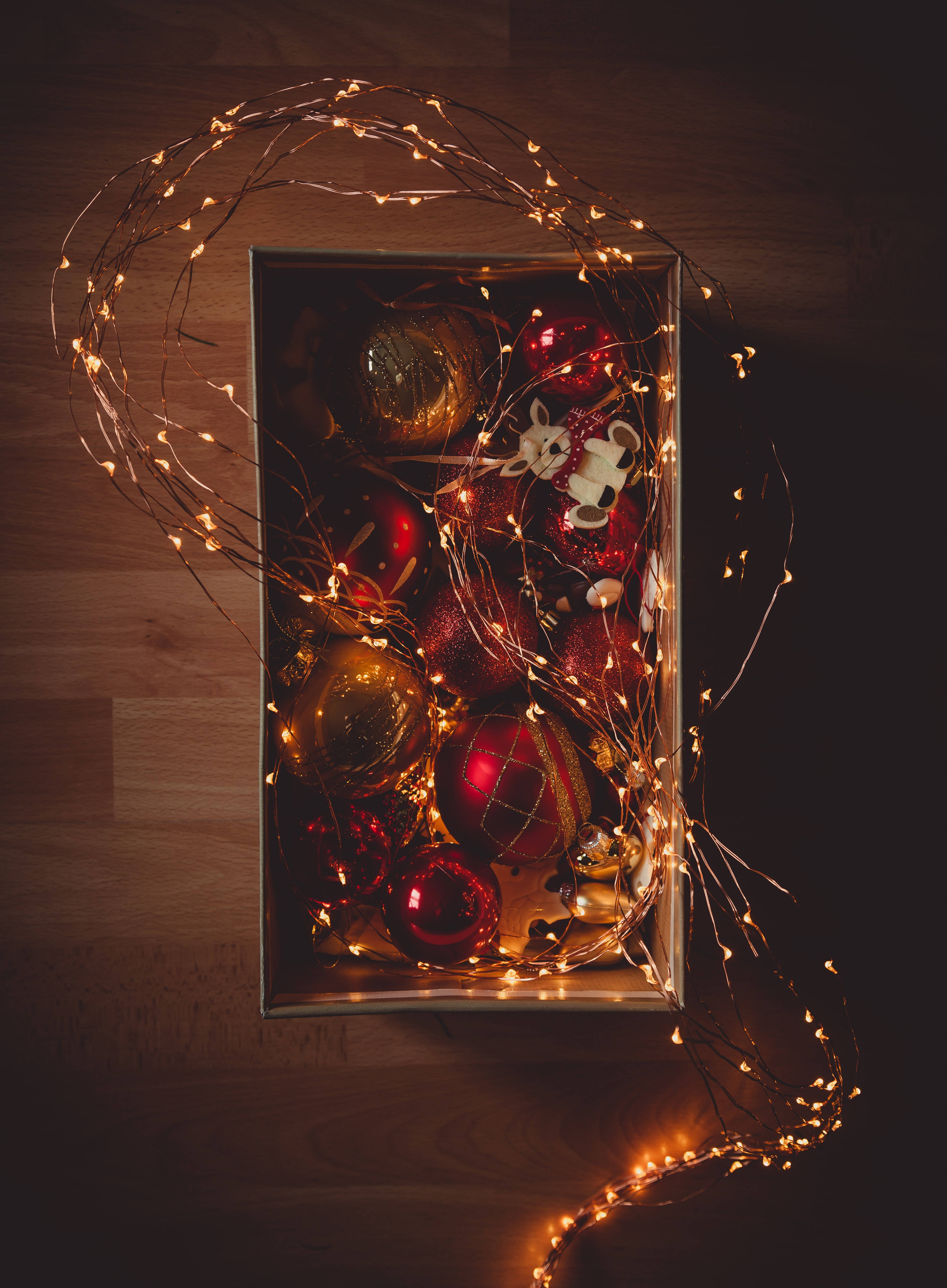 Dark Red, red and gold Christmas ornaments, glowing fairy lights, 4K Phone Wallpaper