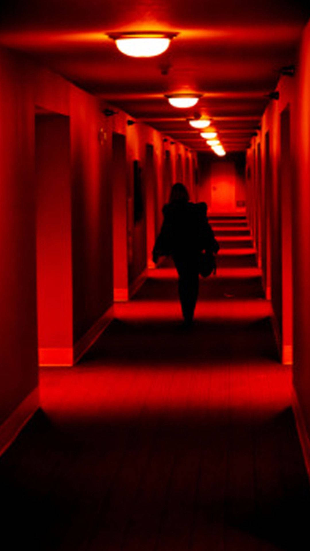 hallway, dark red lights, hotel corridor, Full HD Phone Wallpaper