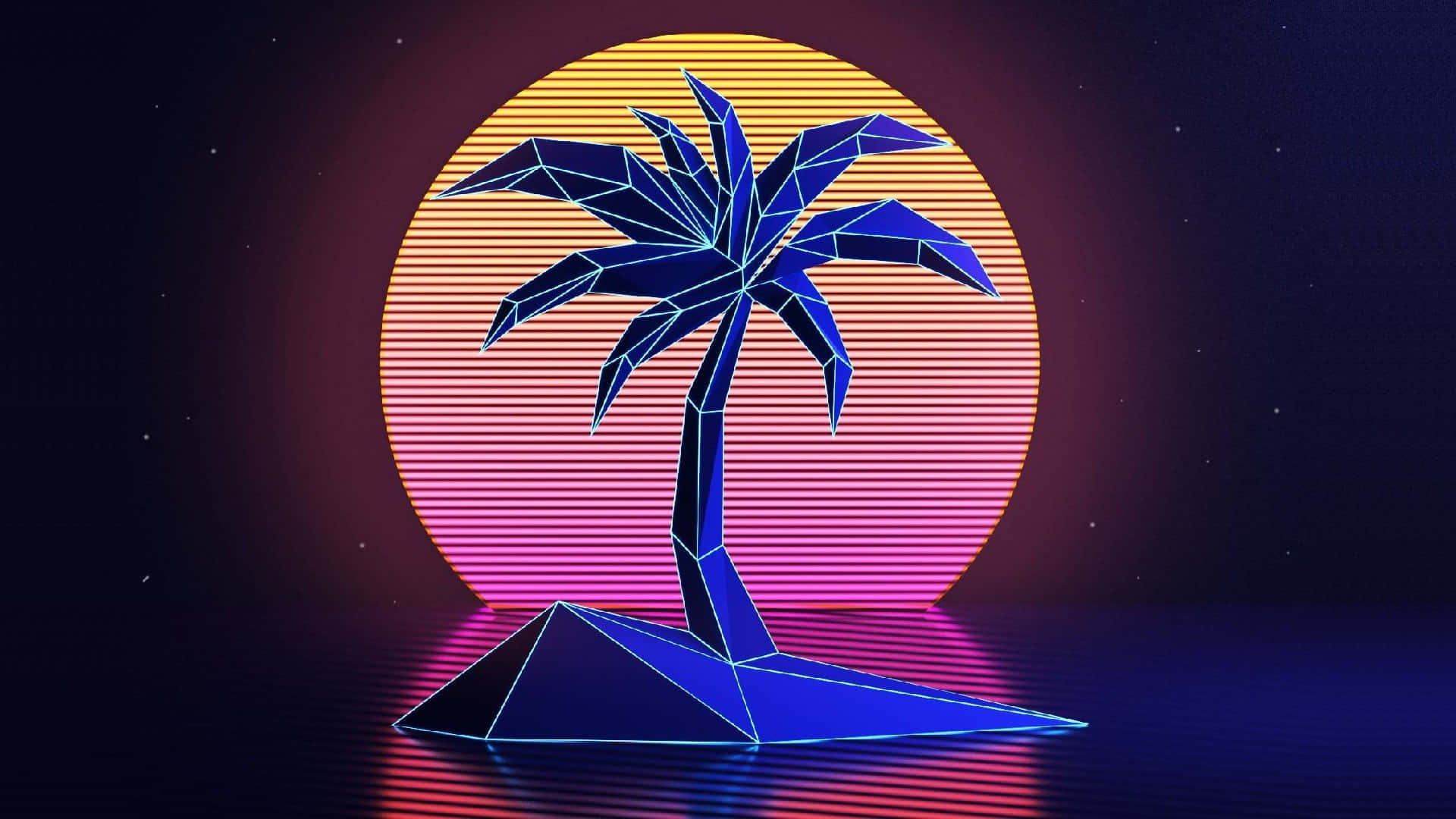 neon blue, geometric palm tree, reflective surface, Full HD Desktop Wallpaper