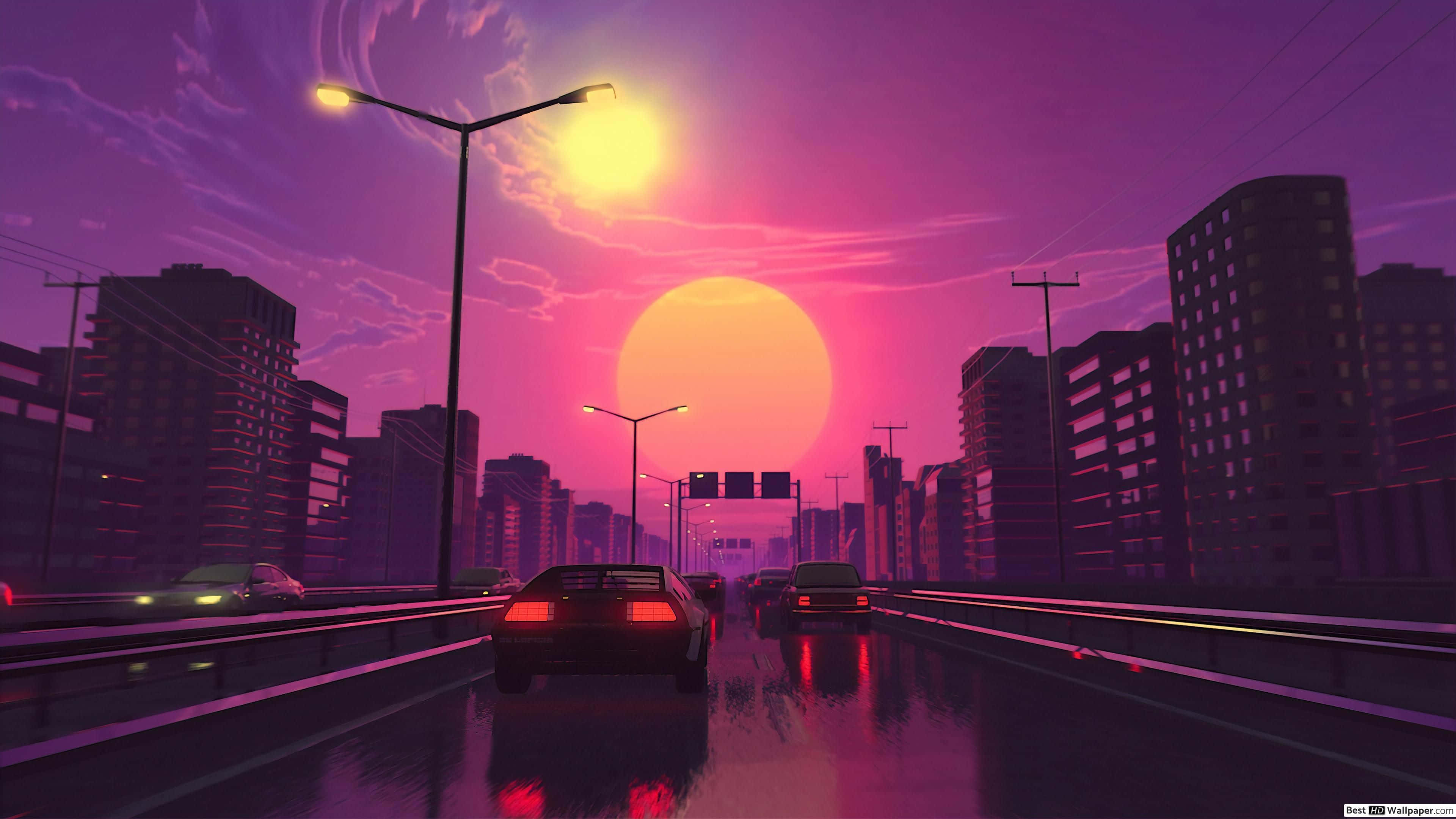 retrofuturistic cityscape, sunset, glowing cars, 4K Desktop Wallpaper