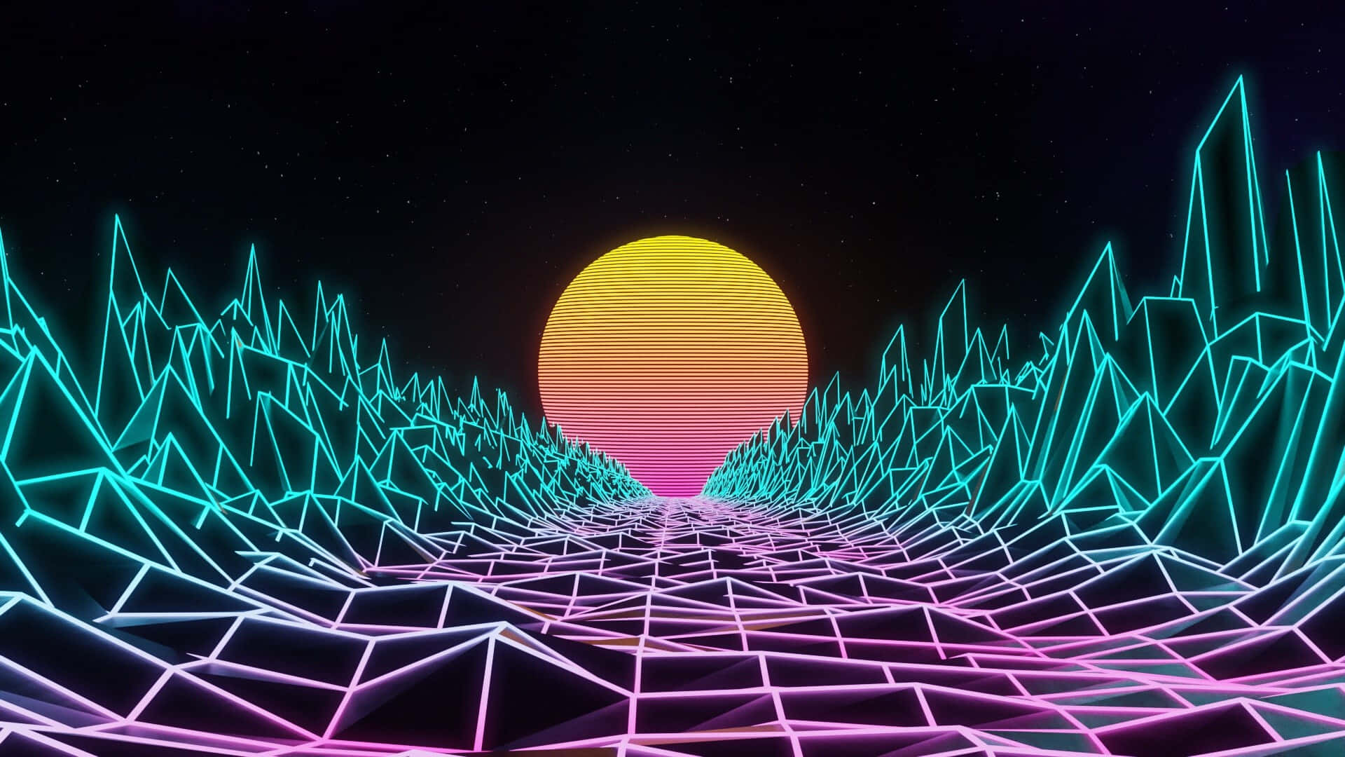 neon-lit, retrofuturistic landscape, glowing geometric mountains, Full HD Desktop Wallpaper
