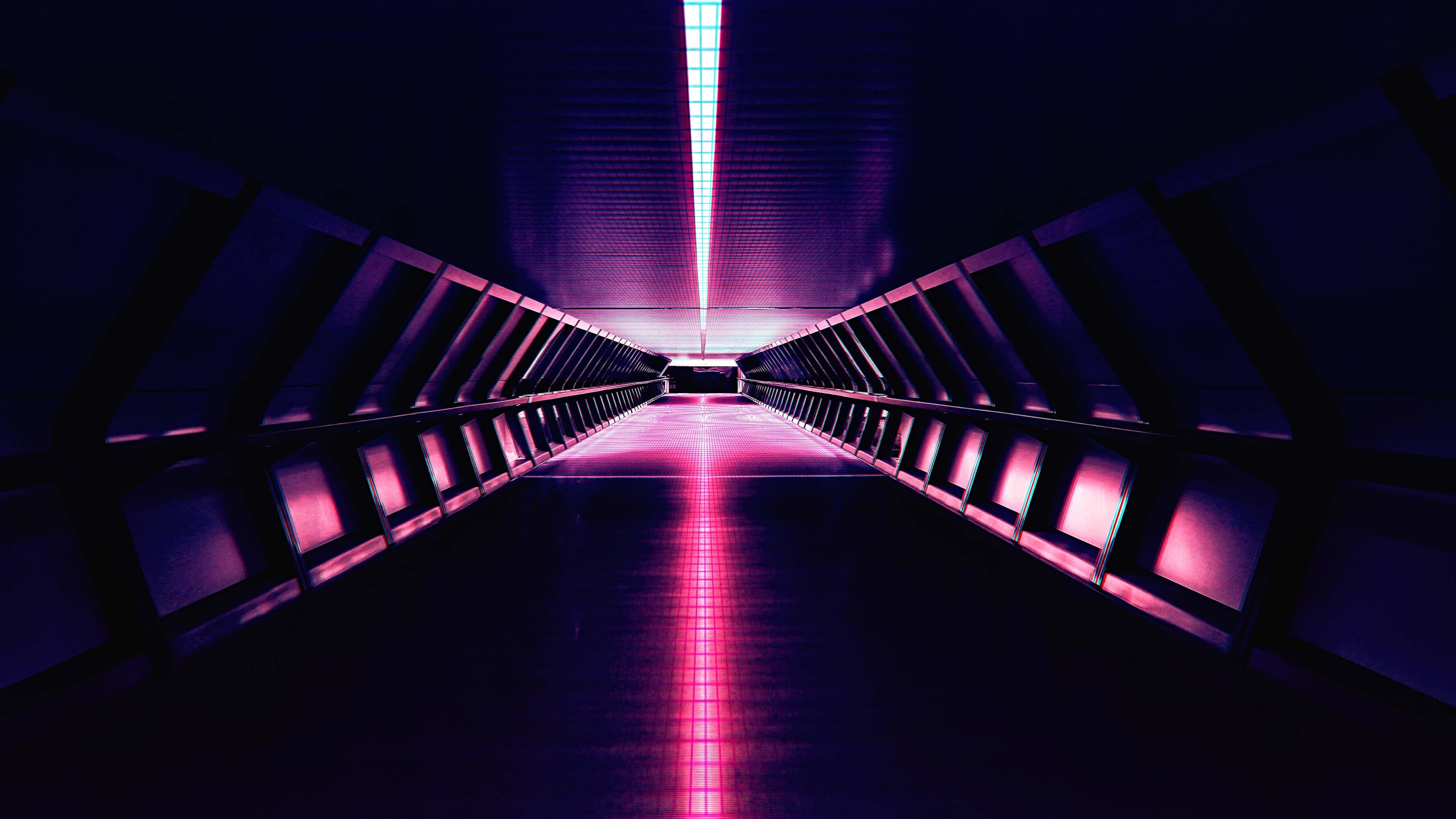 dark retro, futuristic tunnel, glowing pink and blue neon lights, 5K Desktop Wallpaper