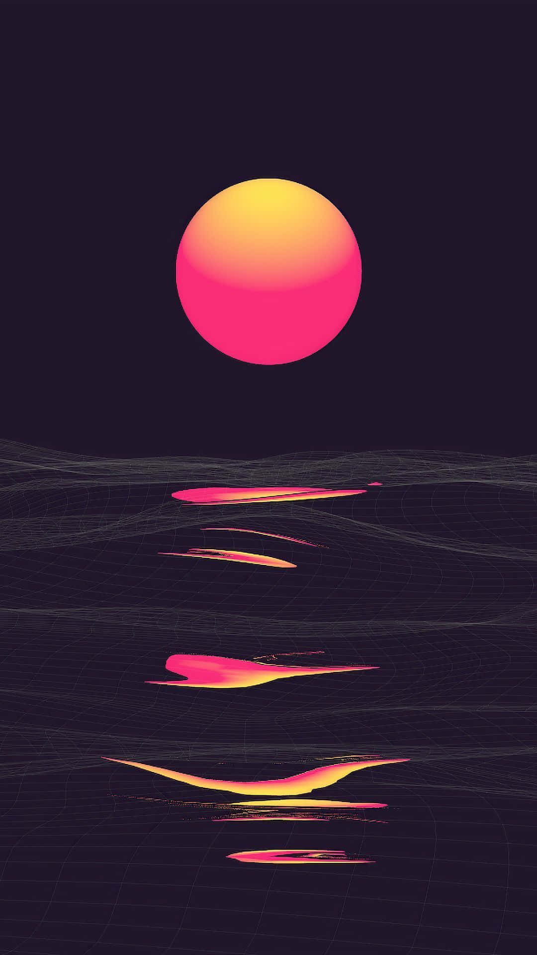 Dark Retro, glowing pink and yellow sun, dark grid landscape, Full HD Phone Wallpaper