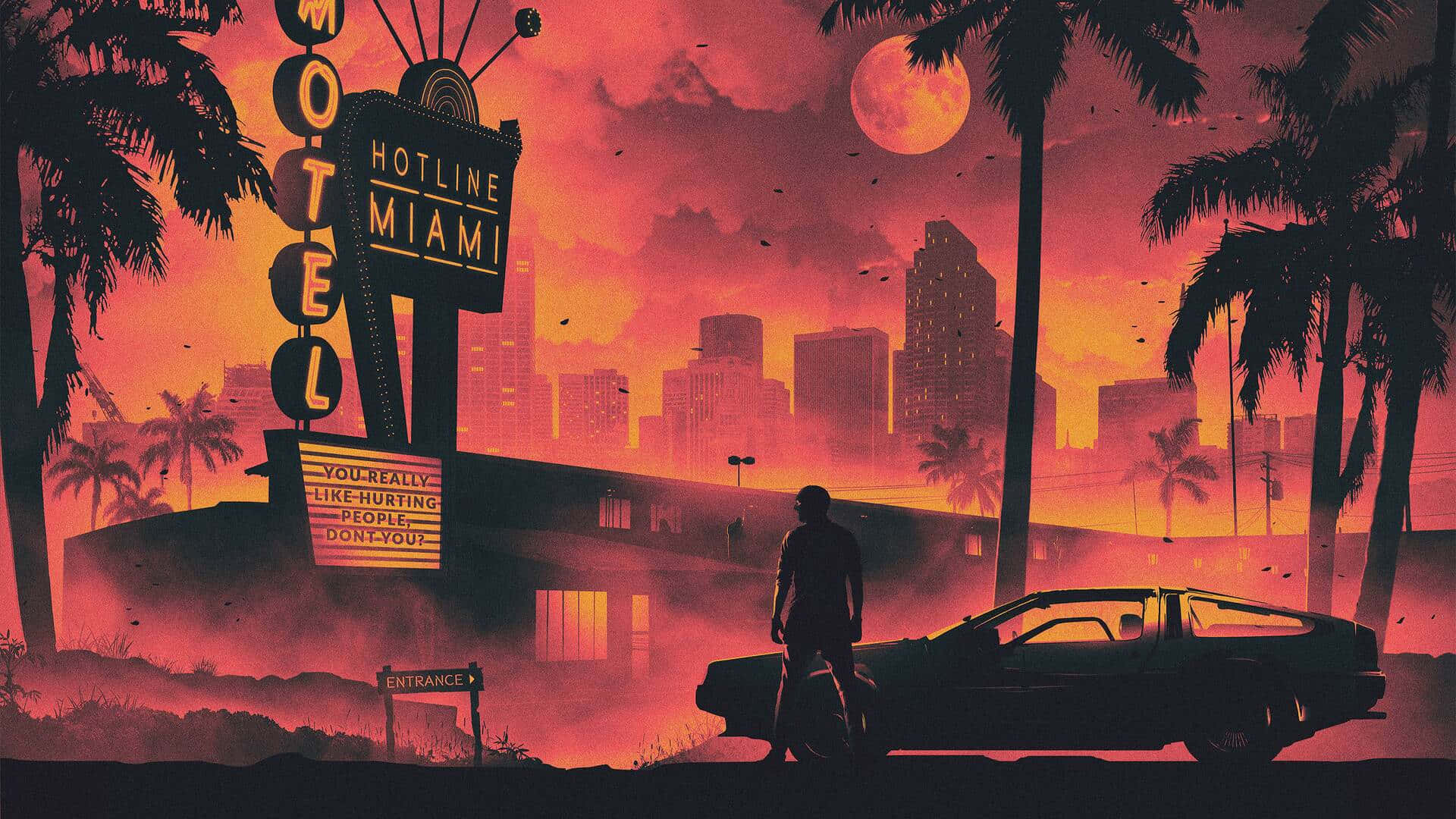 vintage car, glowing red moon, neon-lit motel, Full HD Desktop Wallpaper