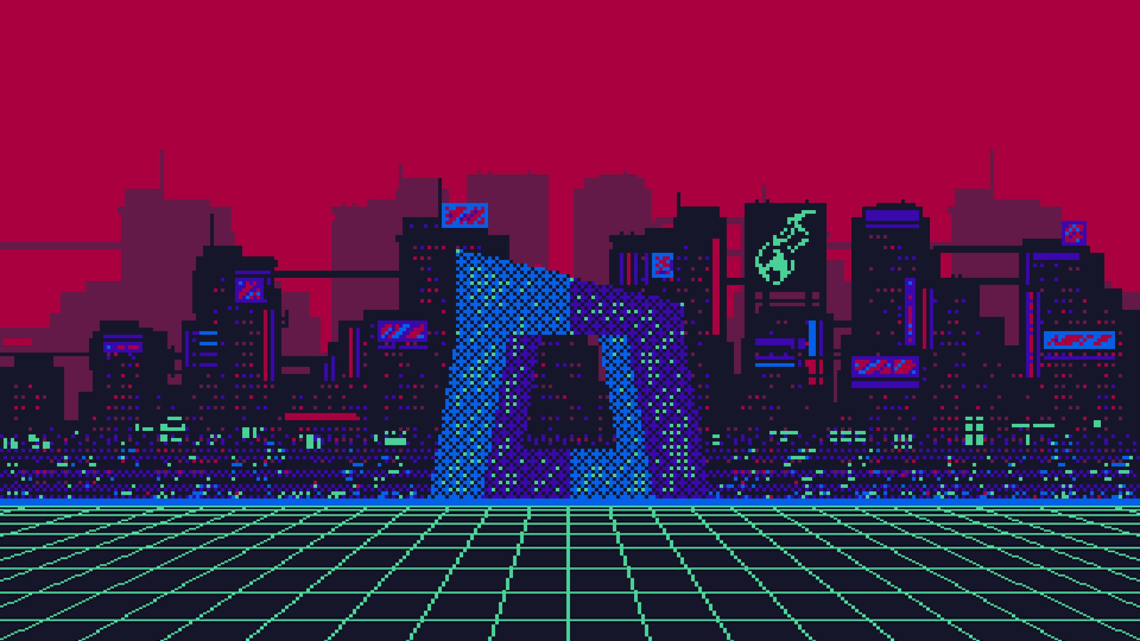 neon skyline, pixelated retrofuturistic cityscape, glowing neon signs, 4K Desktop Wallpaper