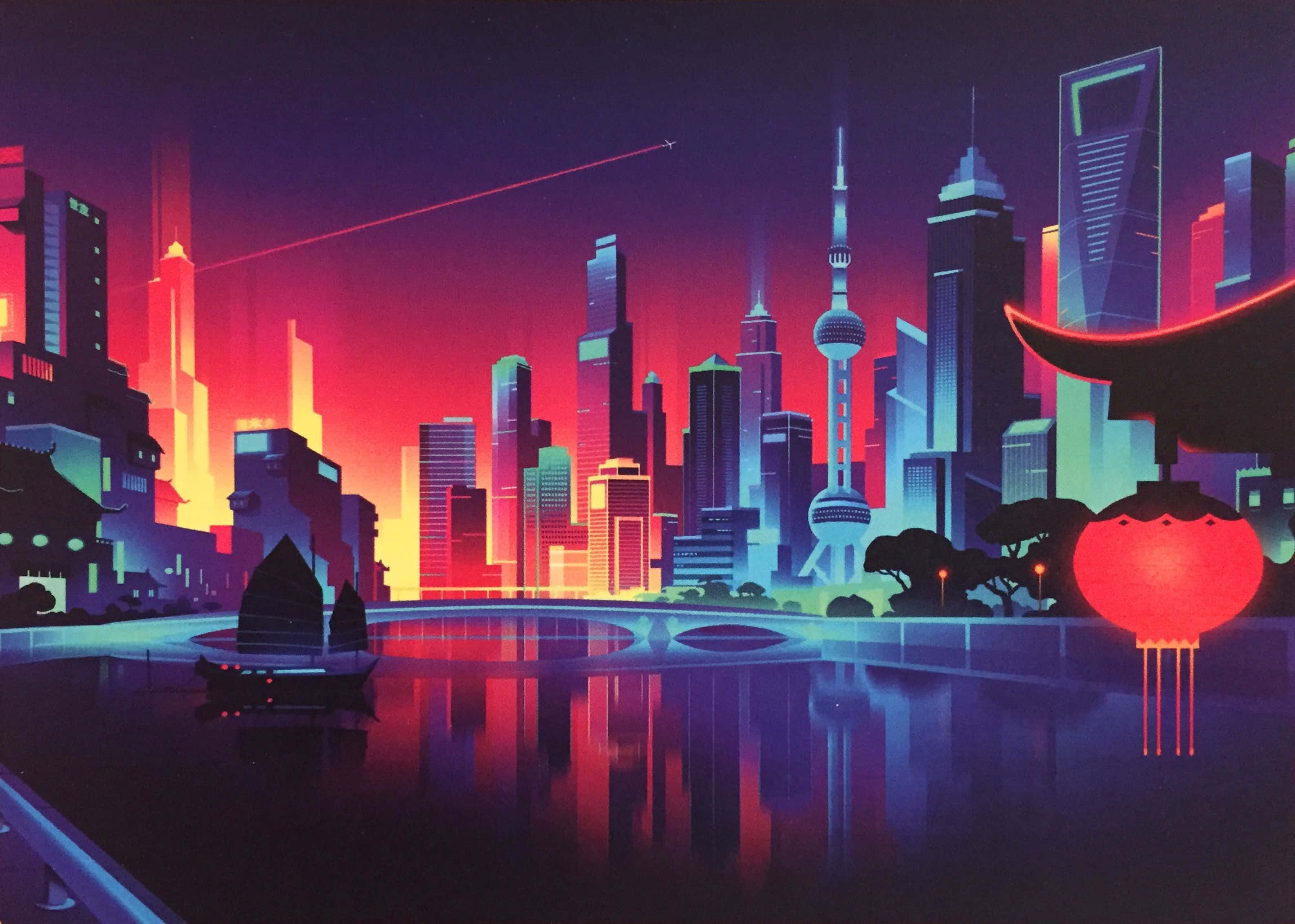 Dark Retro, neon-drenched futuristic cityscape, dusk, 2K Desktop Wallpaper