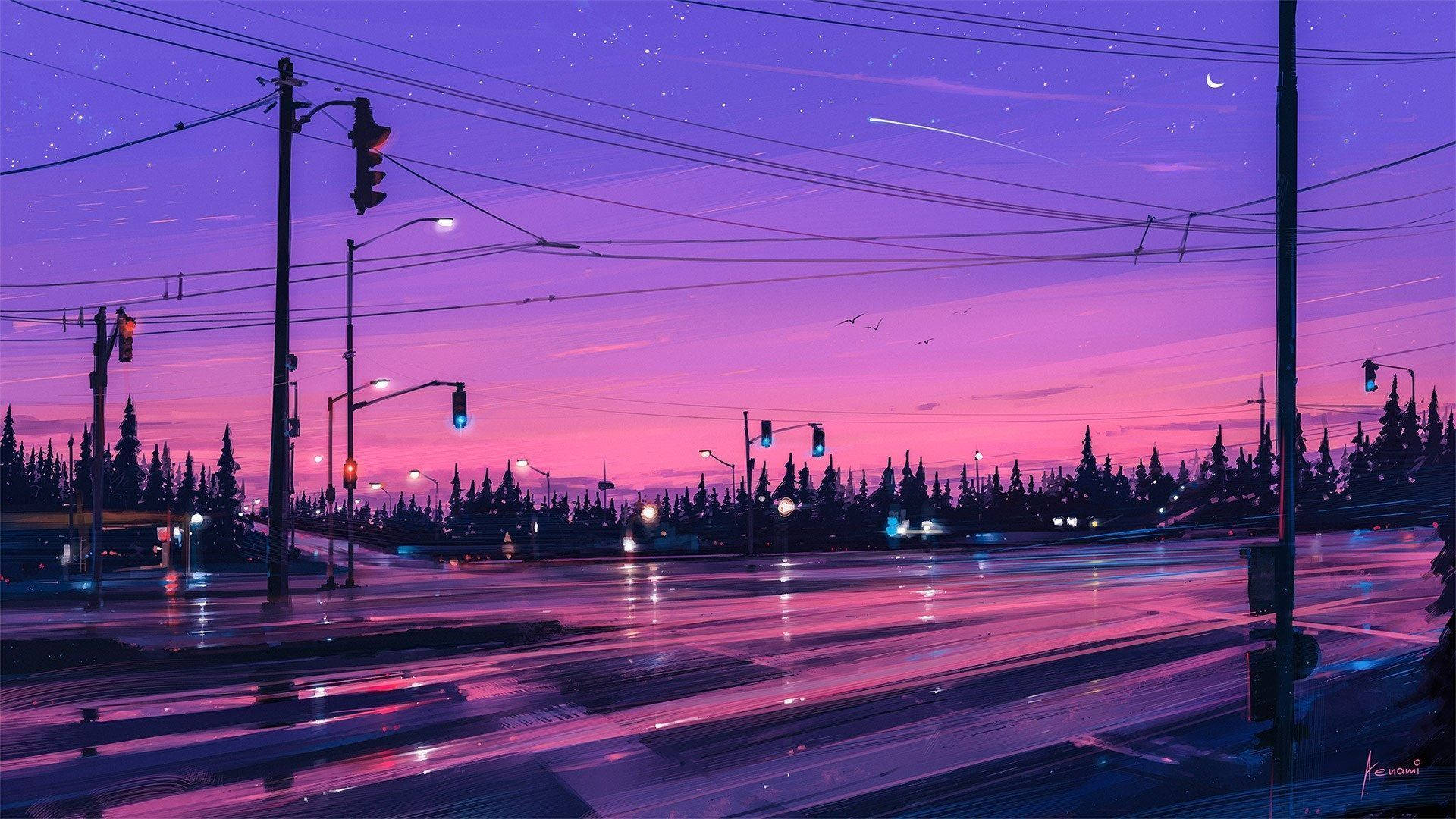 dark purple highway, vibrant purple and pink twilight sky, stars, Full HD Desktop Wallpaper