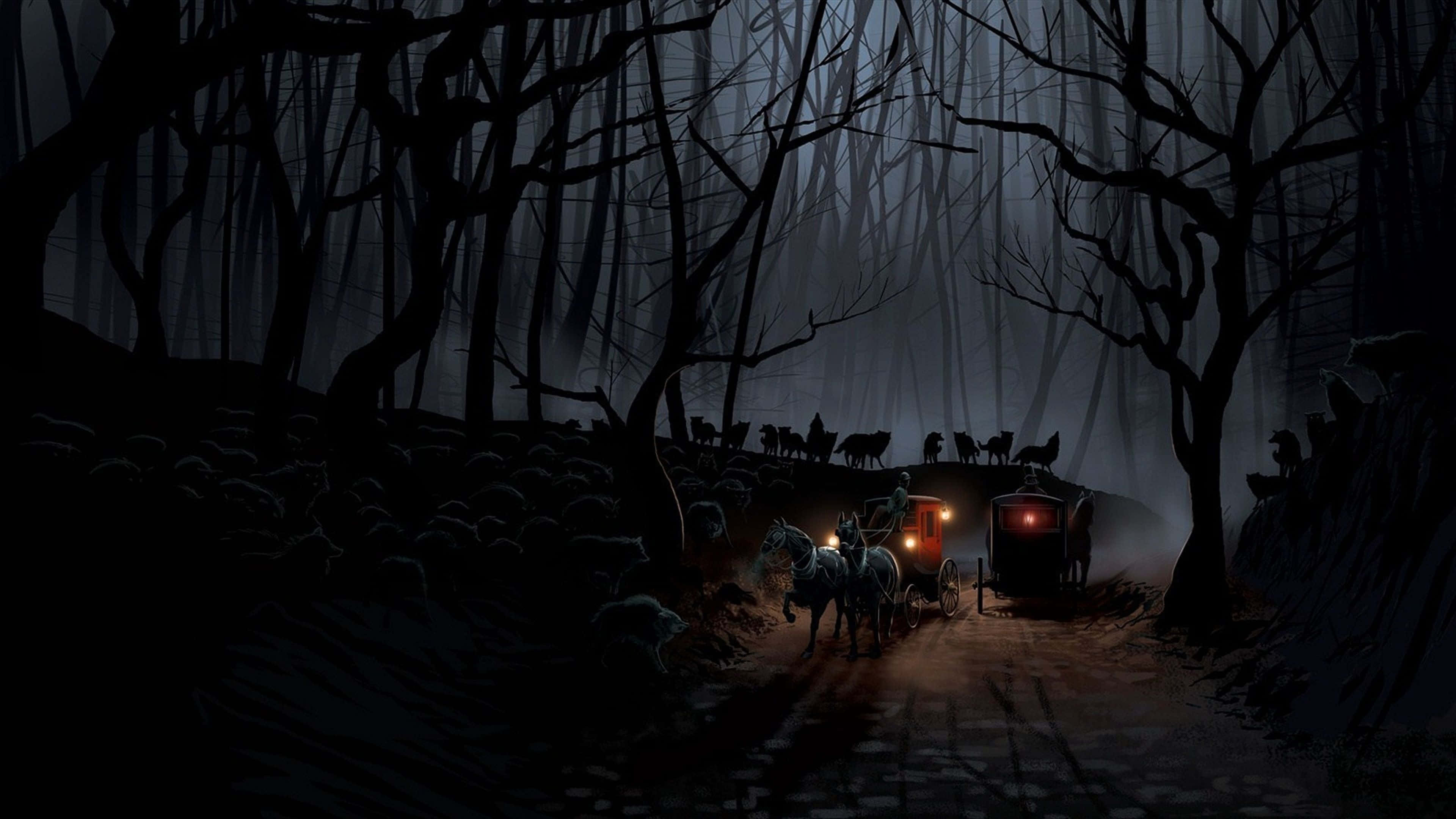 Dark Road, horse-drawn carriage, glowing lanterns, 4K Desktop Wallpaper