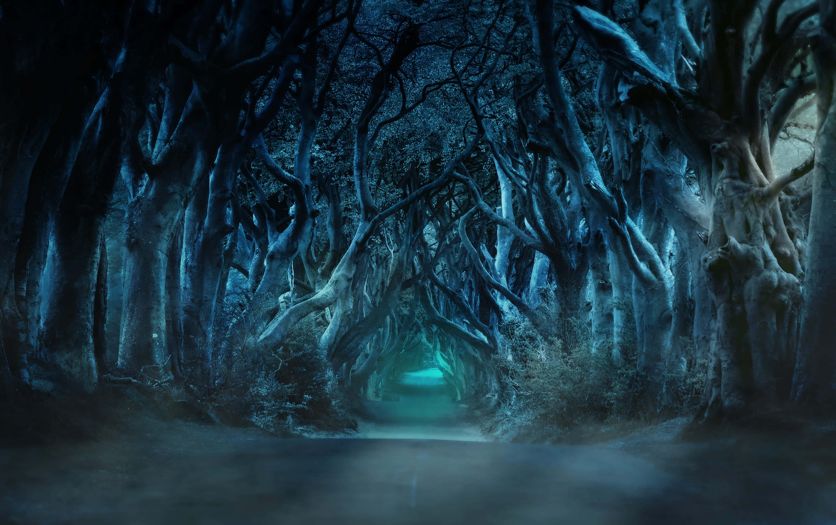 Dark Road, starry night sky, misty path, 2K Desktop Wallpaper