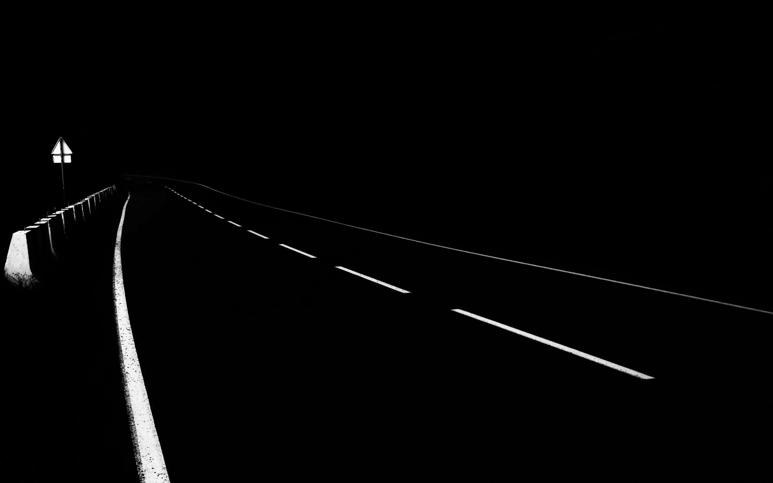 Dark Road, black and white night road, glowing lane markings, 2K Desktop Wallpaper