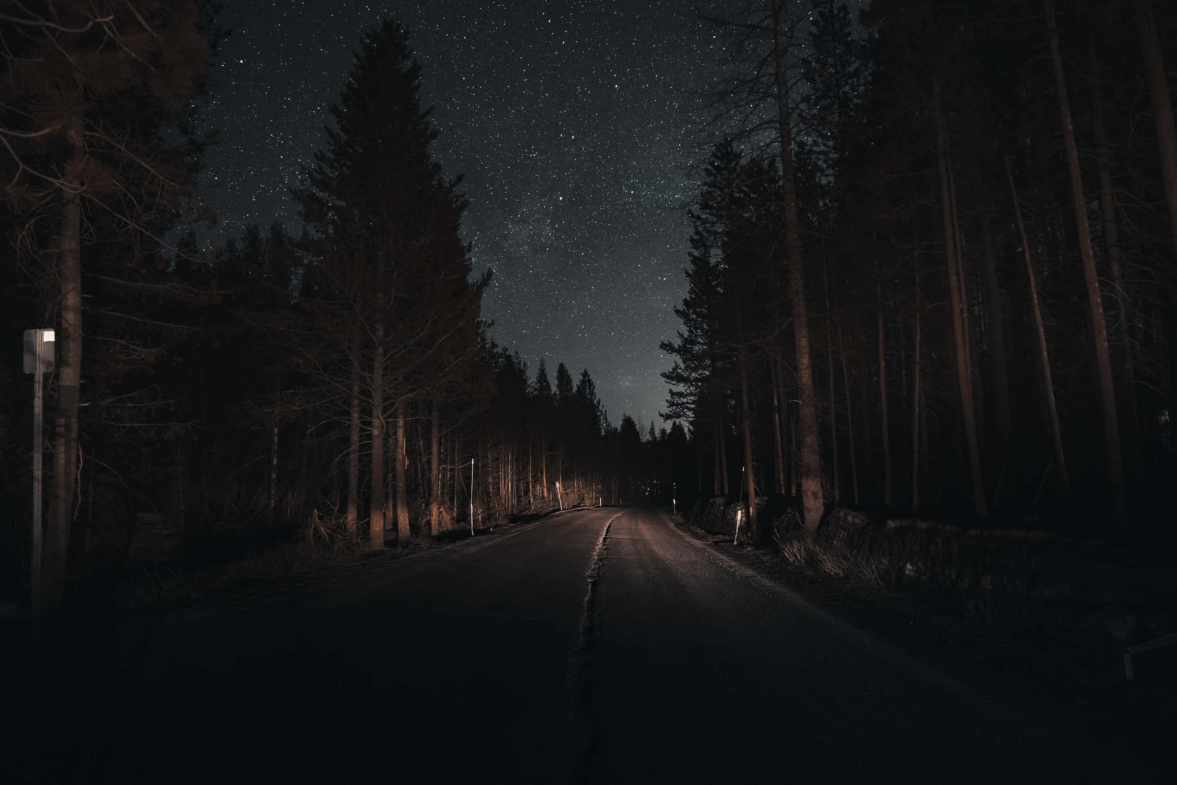 Dark Road, starry night sky, dark forest road, Full HD Desktop Wallpaper