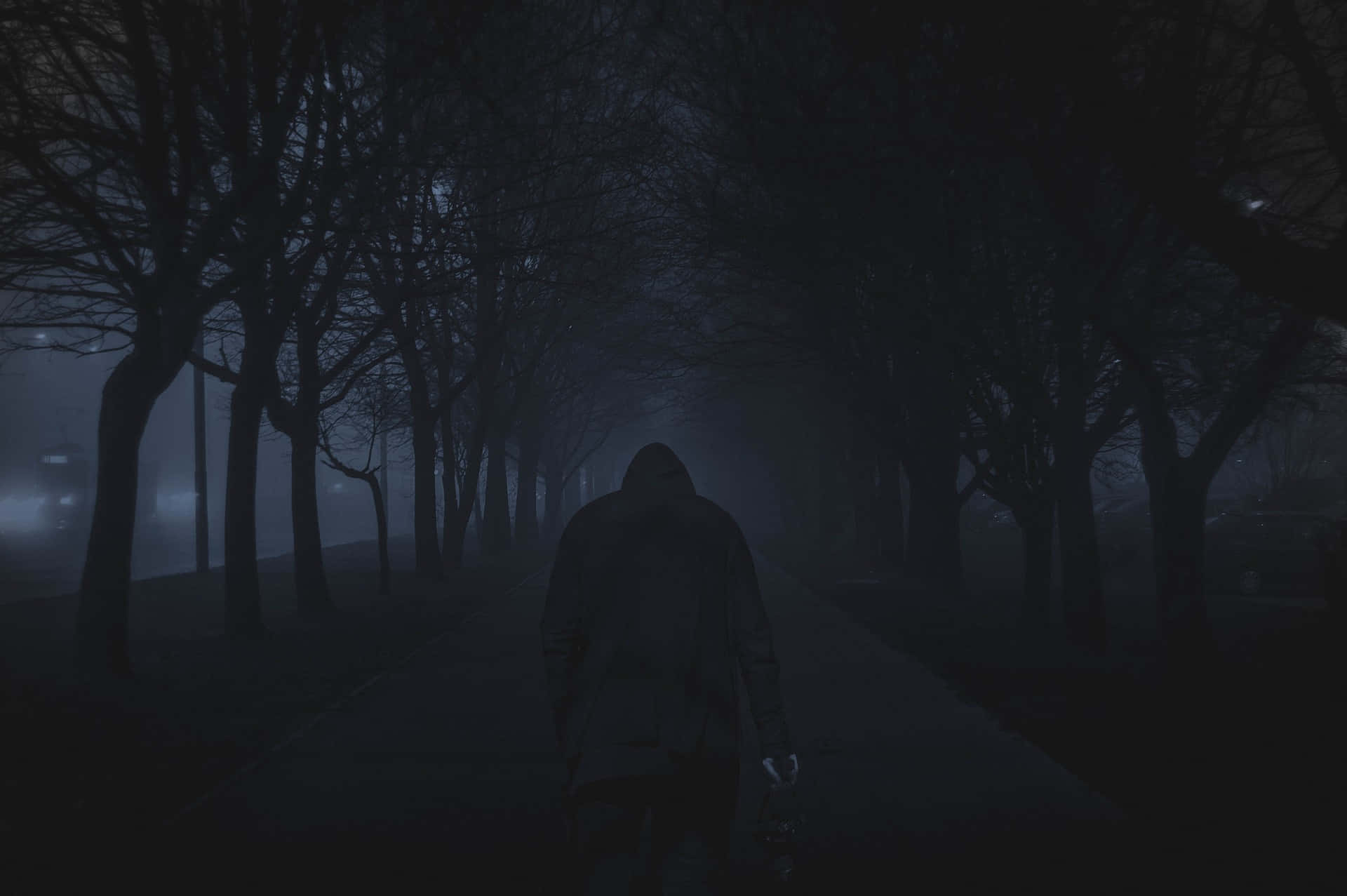 Dark Road, twilight, misty tree-lined path, Full HD Desktop Wallpaper