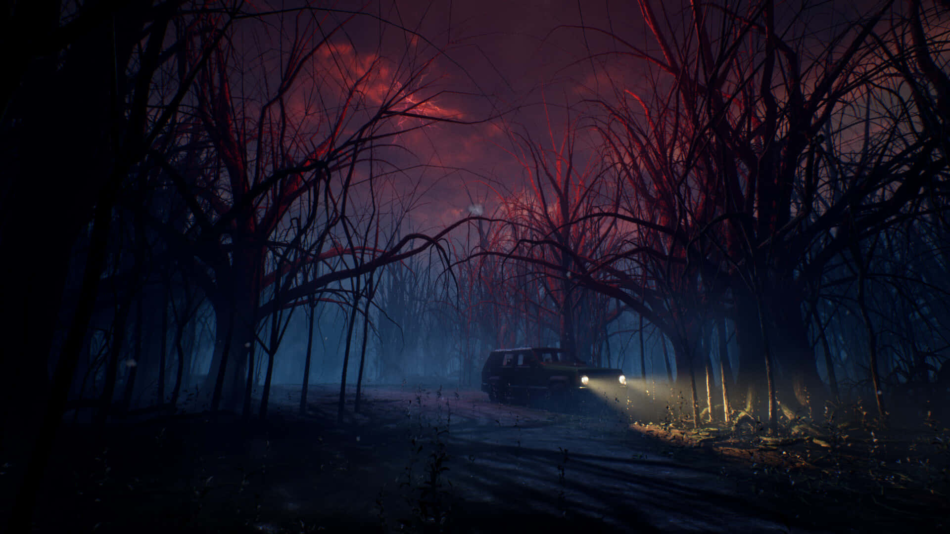 mysterious red sky, forest road, dusk, Full HD Desktop Wallpaper