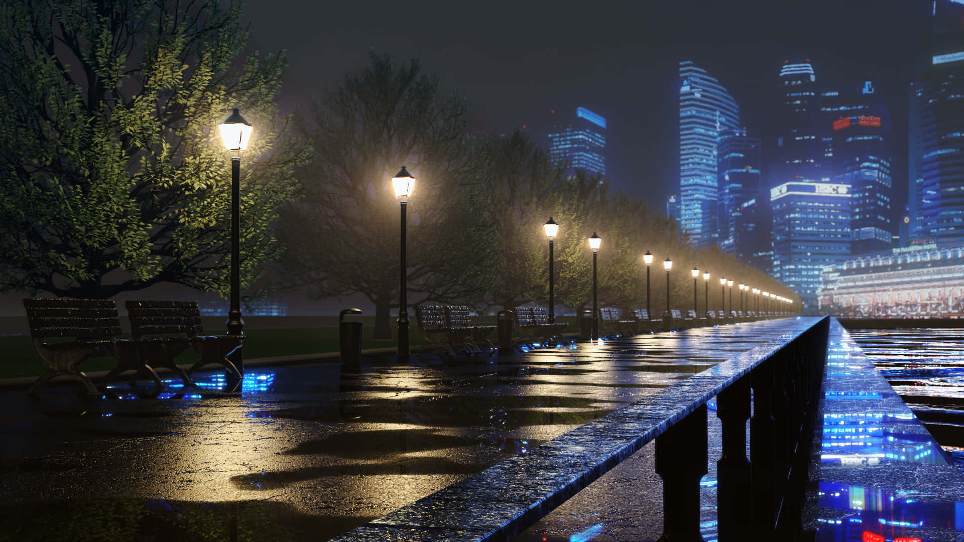 dark alleyway, wet city pier, glowing street lamps, Full HD Desktop Wallpaper
