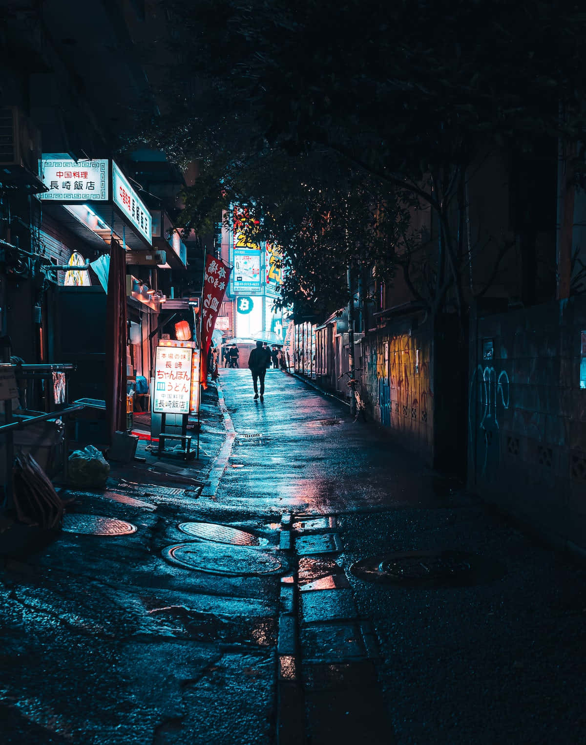 neon-lit alley, wet pavement, vibrant blue and red lights, HD Phone Wallpaper