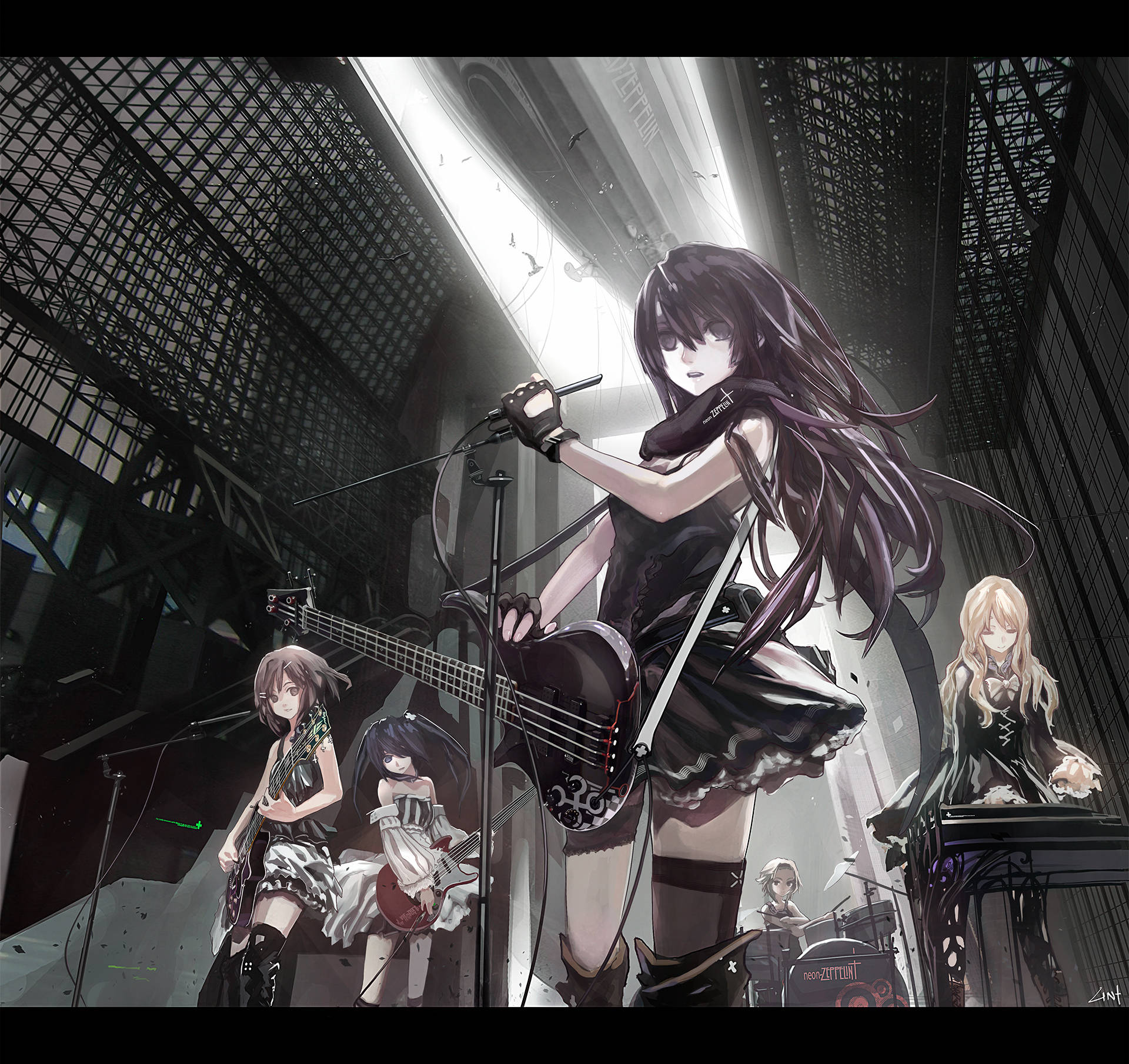 K Dark Rock, anime band, high-ceilinged industrial hall, Full HD Desktop Wallpaper