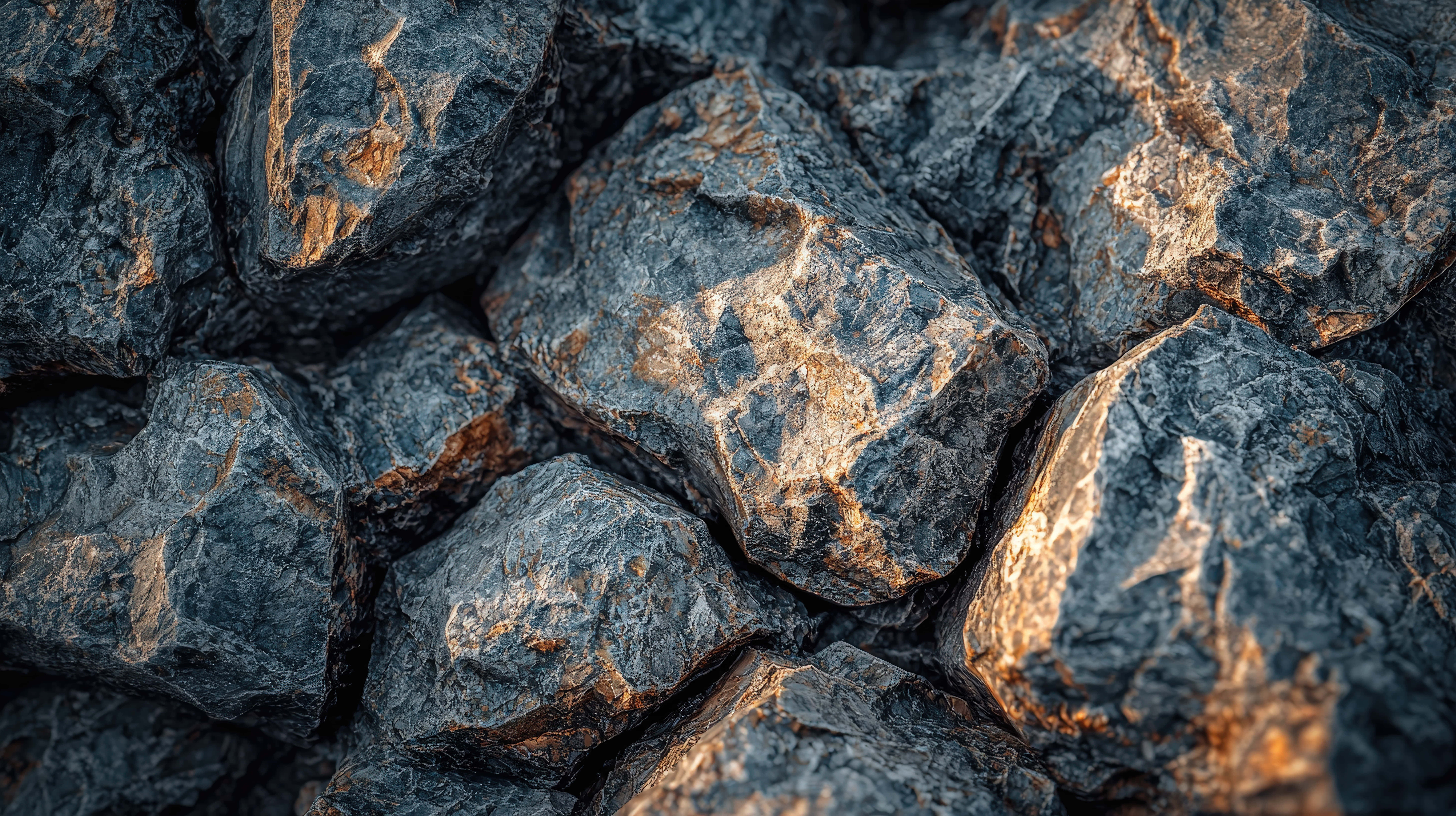 dark textured rocks, golden highlights, rough dark gray rocks, 8K Desktop Wallpaper