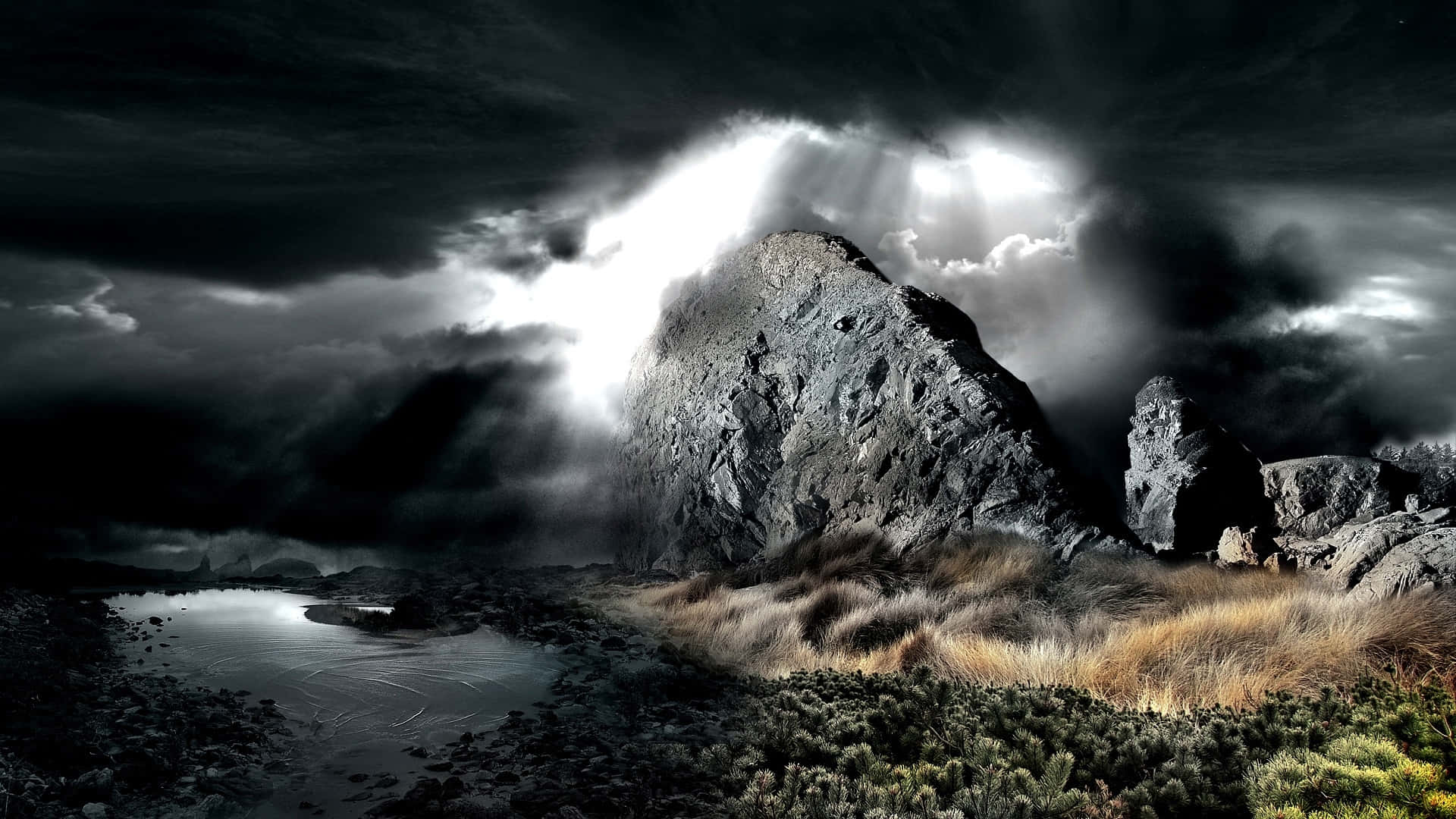 Dark Rock, mountain peak, storm clouds, Full HD Desktop Wallpaper