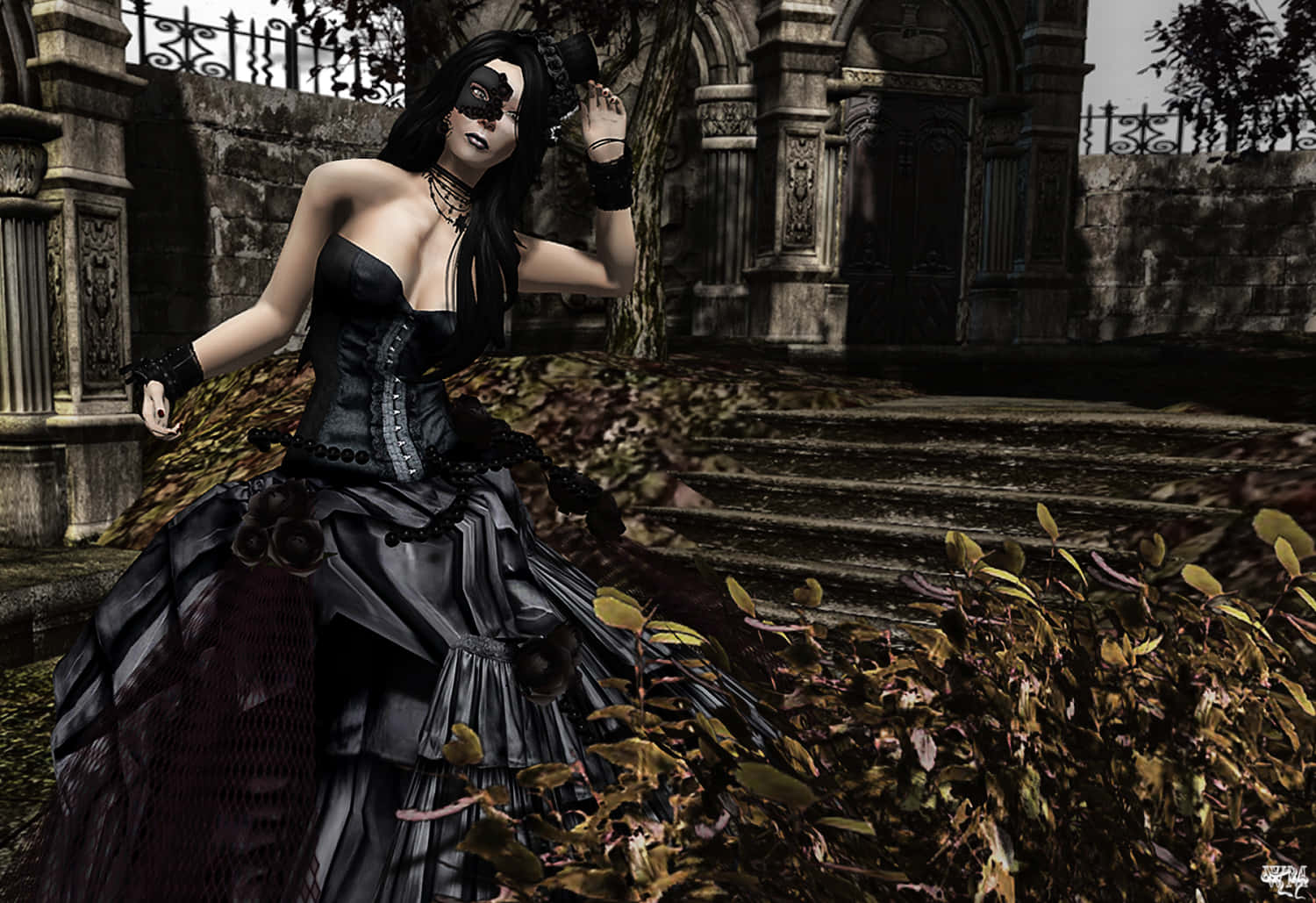 gothic woman, black corset gown, mask, HD Desktop Wallpaper
