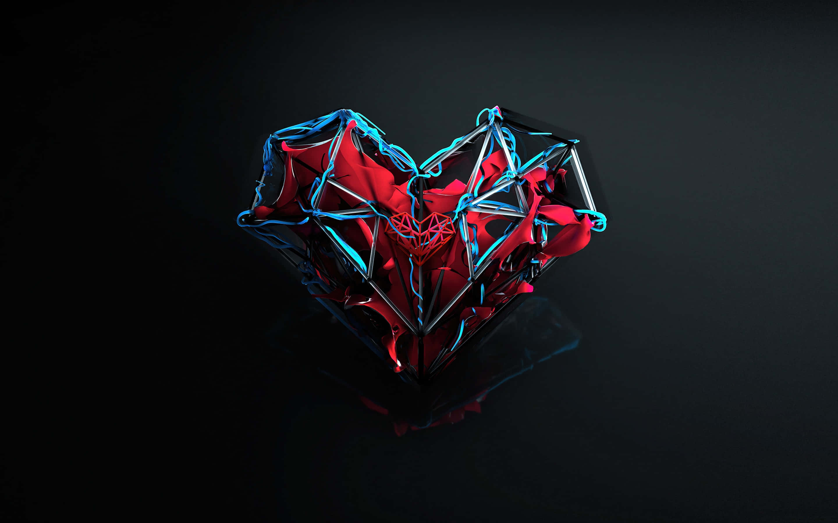 Dark Romance, geometric heart, glowing red and blue neon, 2K Desktop Wallpaper