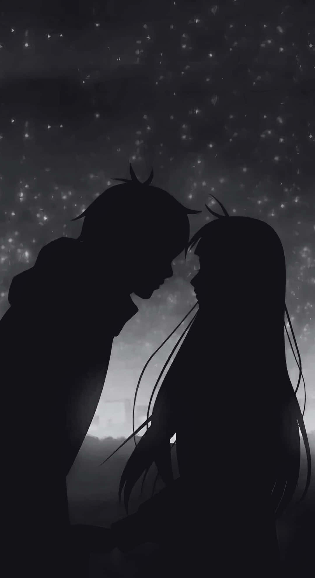 starry night sky, glowing particles, silhouetted anime figures, Full HD Phone Wallpaper