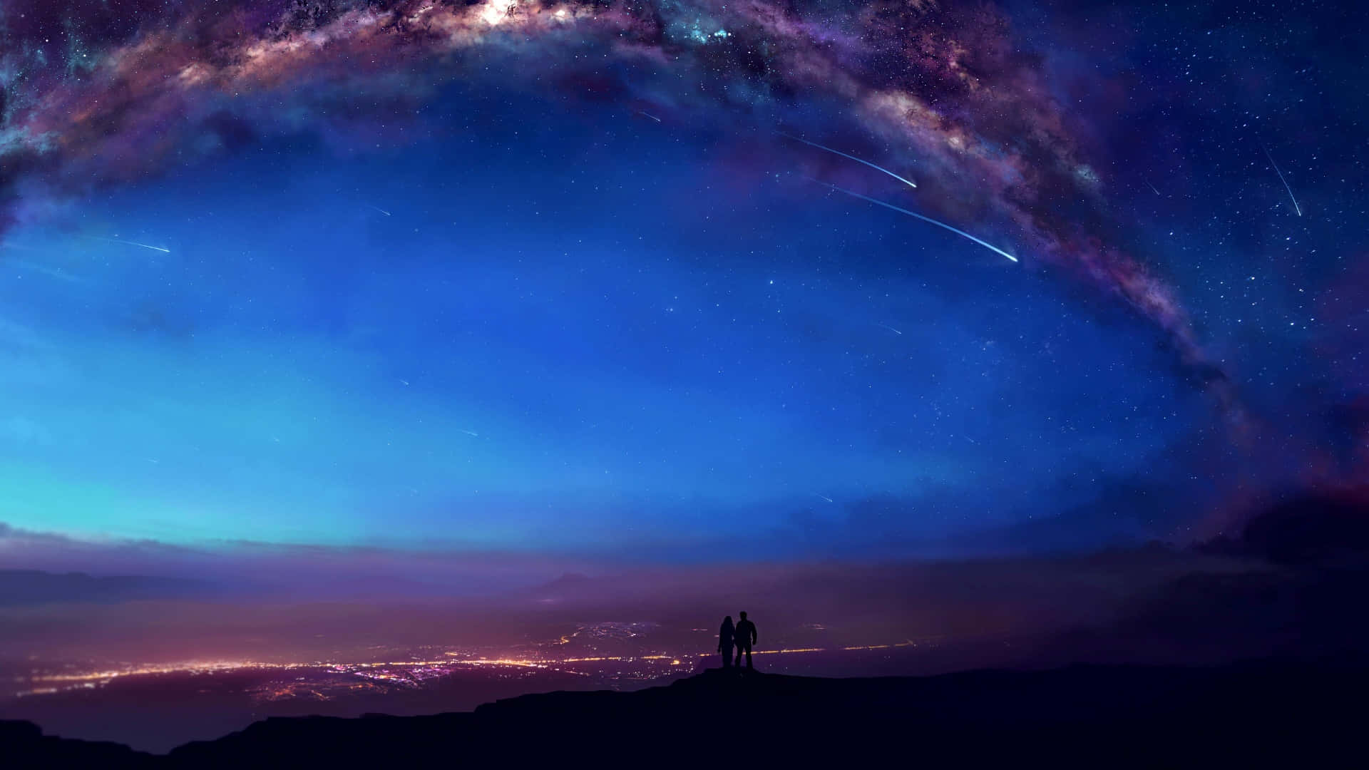 Starry Night Anime Romance, cosmic sky, meteors, Full HD Desktop Wallpaper