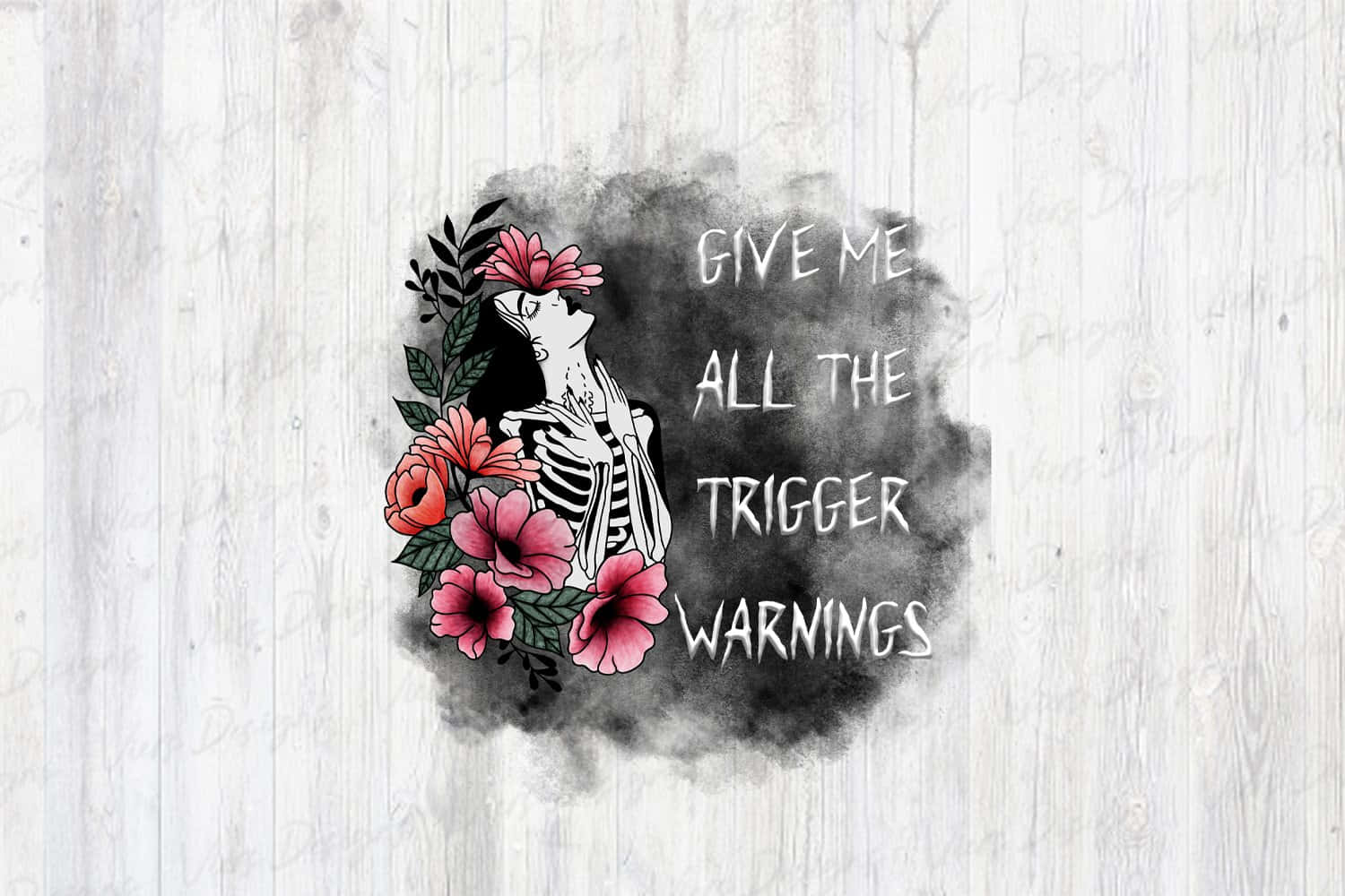 skeleton, pink and orange flowers, sign reading give me all the trigger warnings, HD Desktop Wallpaper