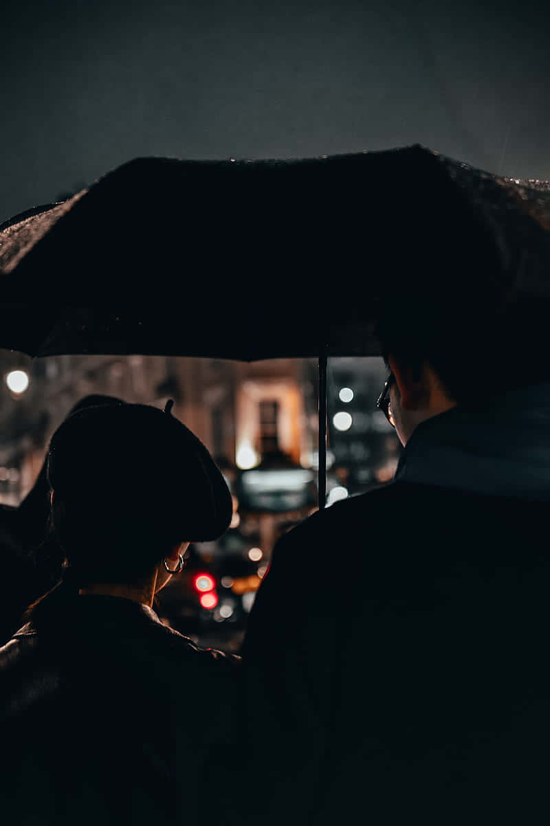 black umbrella, silhouetted figures, rain, SD Phone Wallpaper