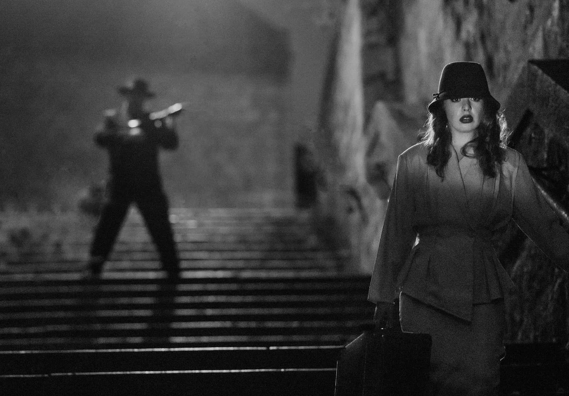 black and white movie, noir-style, woman in a hat and coat, Full HD Desktop Wallpaper