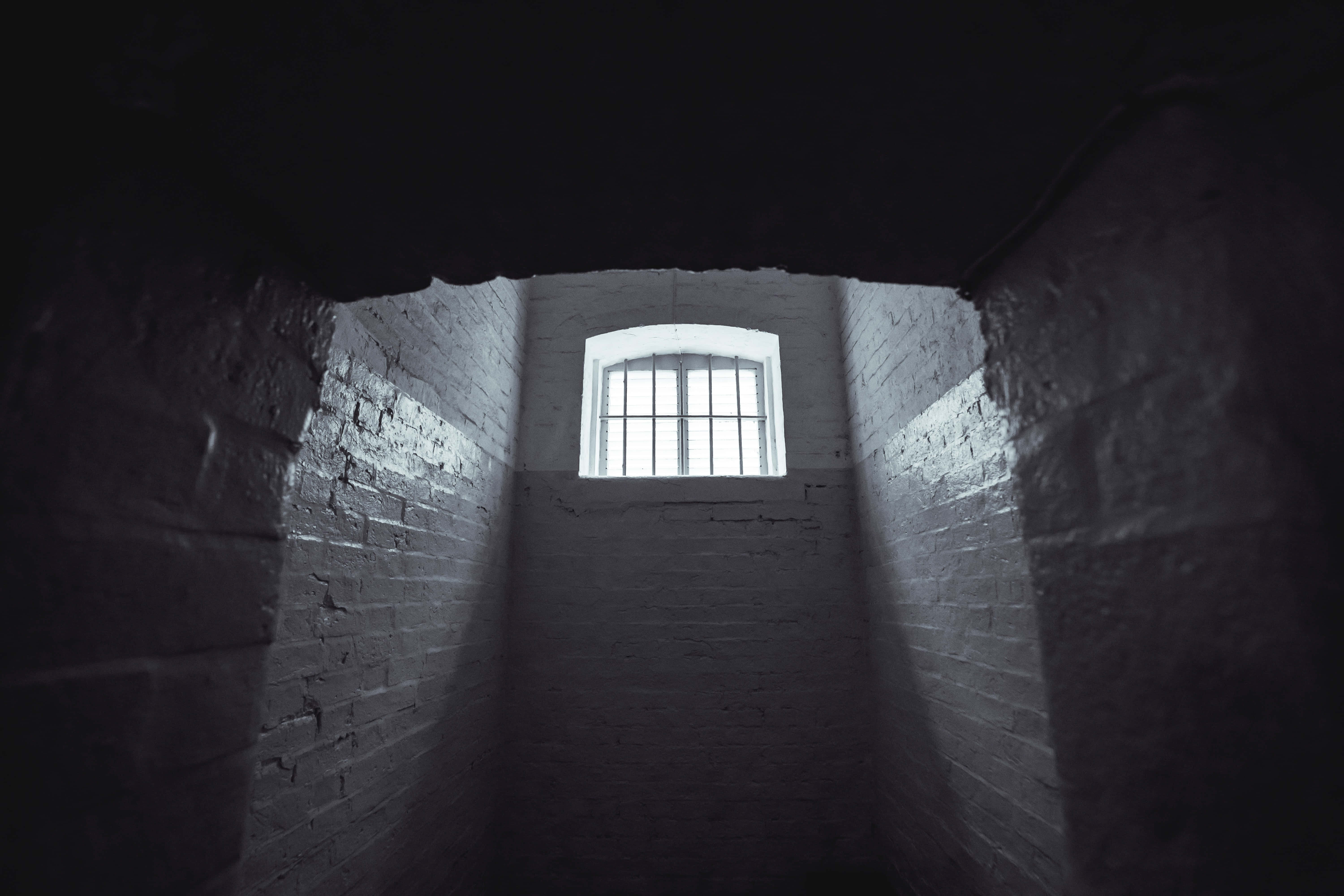 Dark Room, barred window, narrow brick tunnel, 5K Desktop Wallpaper