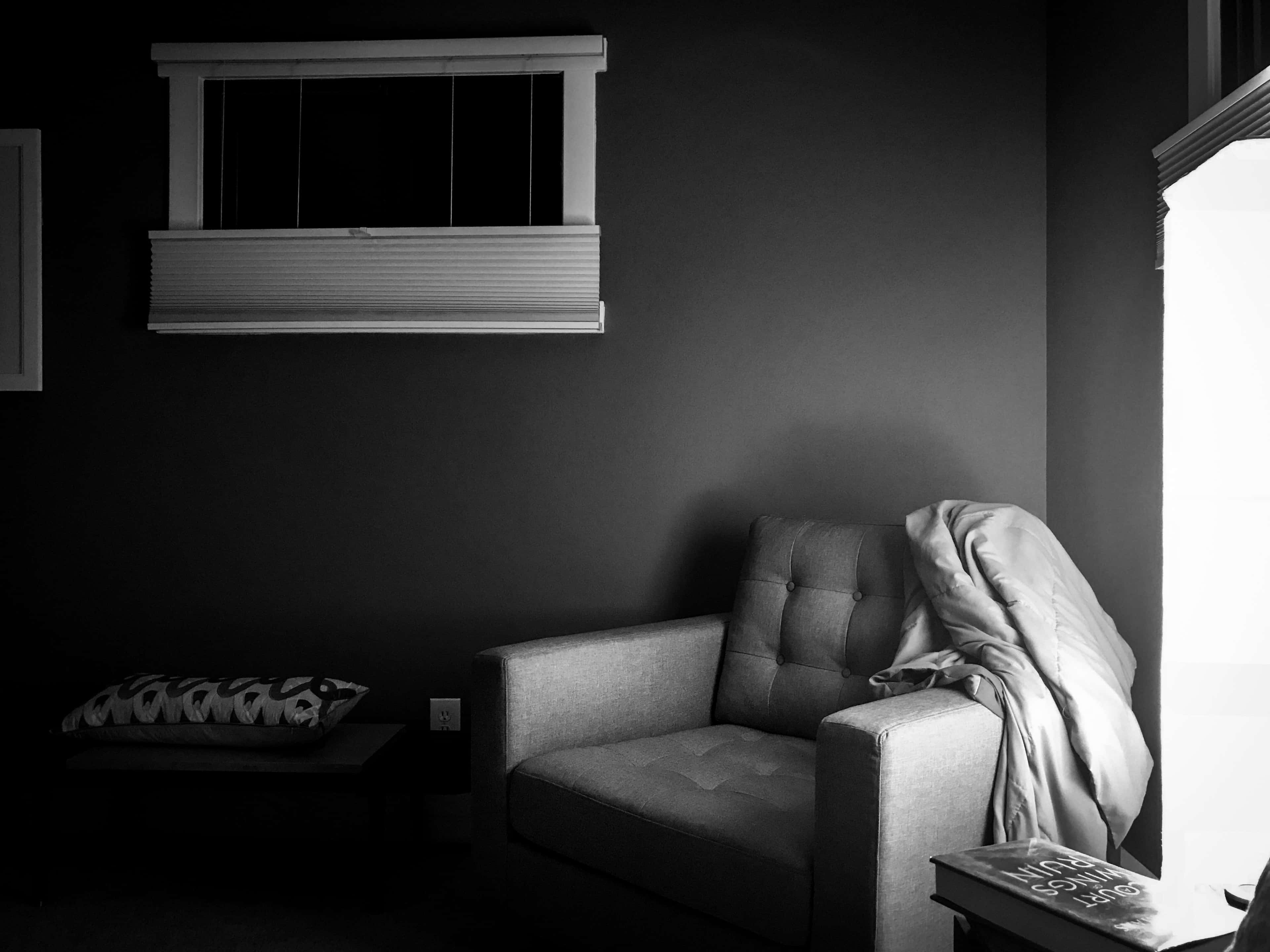 Dark Room, monochrome interior scene, tufted armchair, 4K Desktop Wallpaper