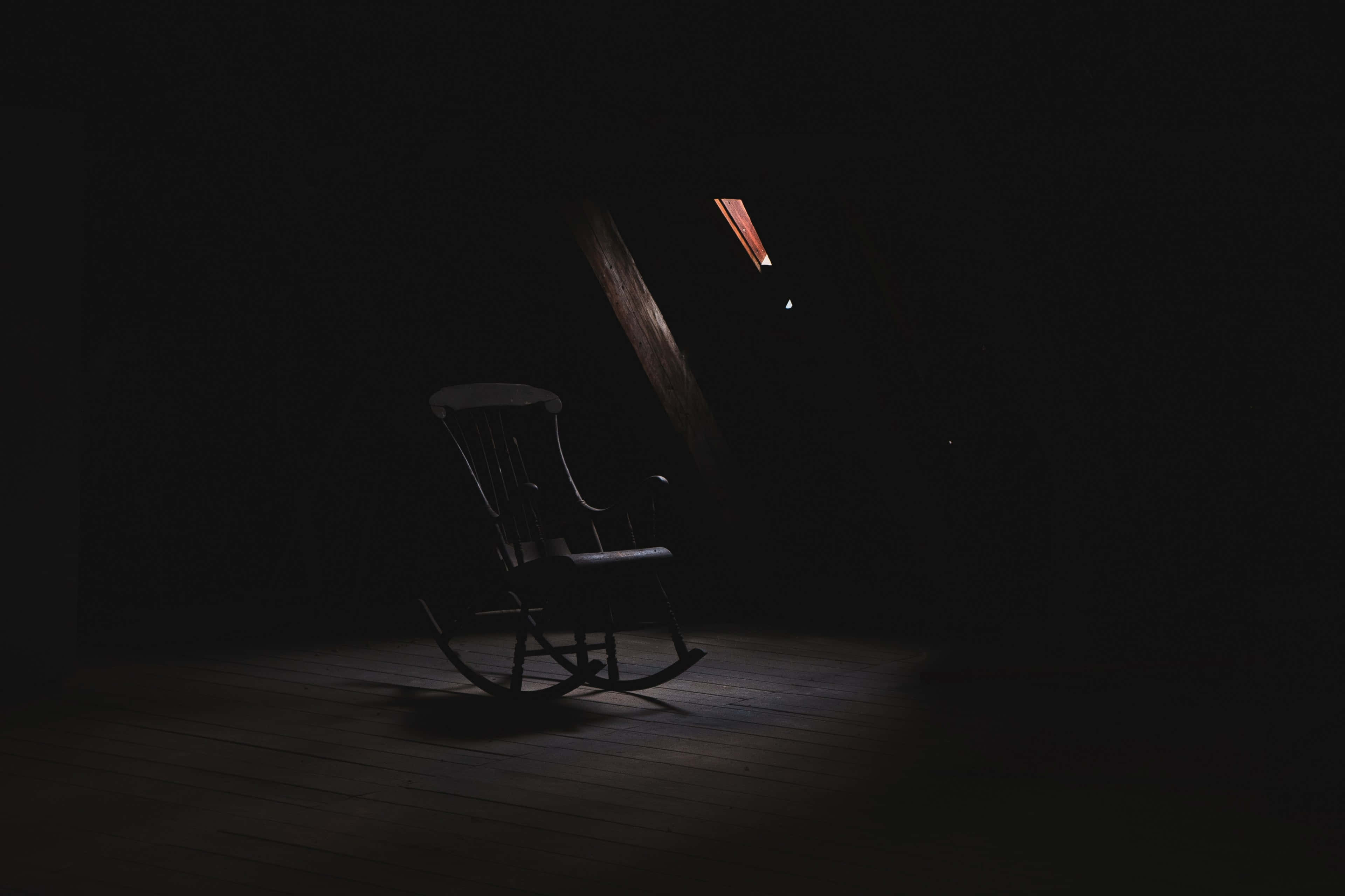 Dark Room, rocking chair, pitch-black attic, 4K Desktop Wallpaper