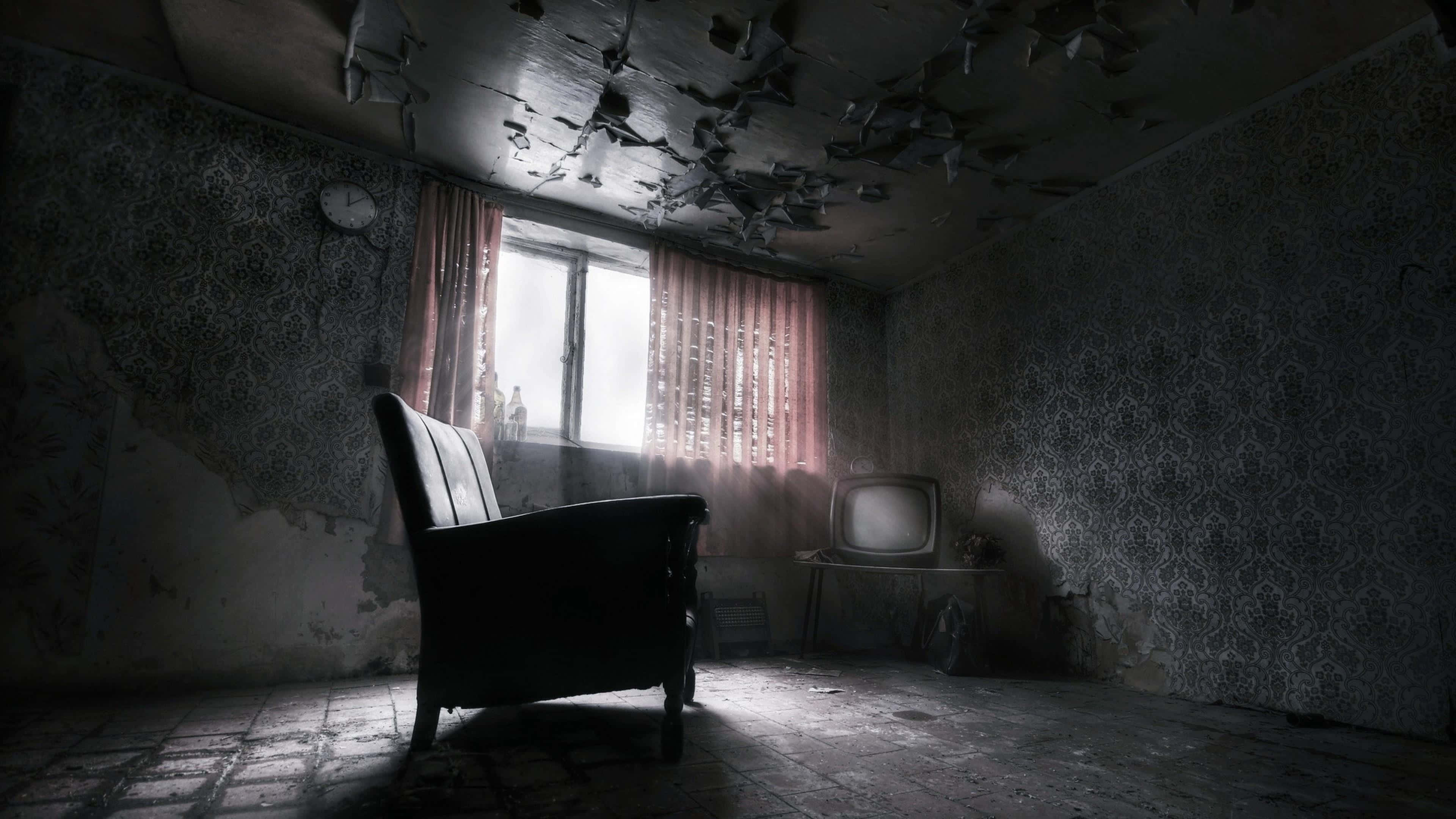 Dark Room, chair, dilapidated room, 4K Desktop Wallpaper
