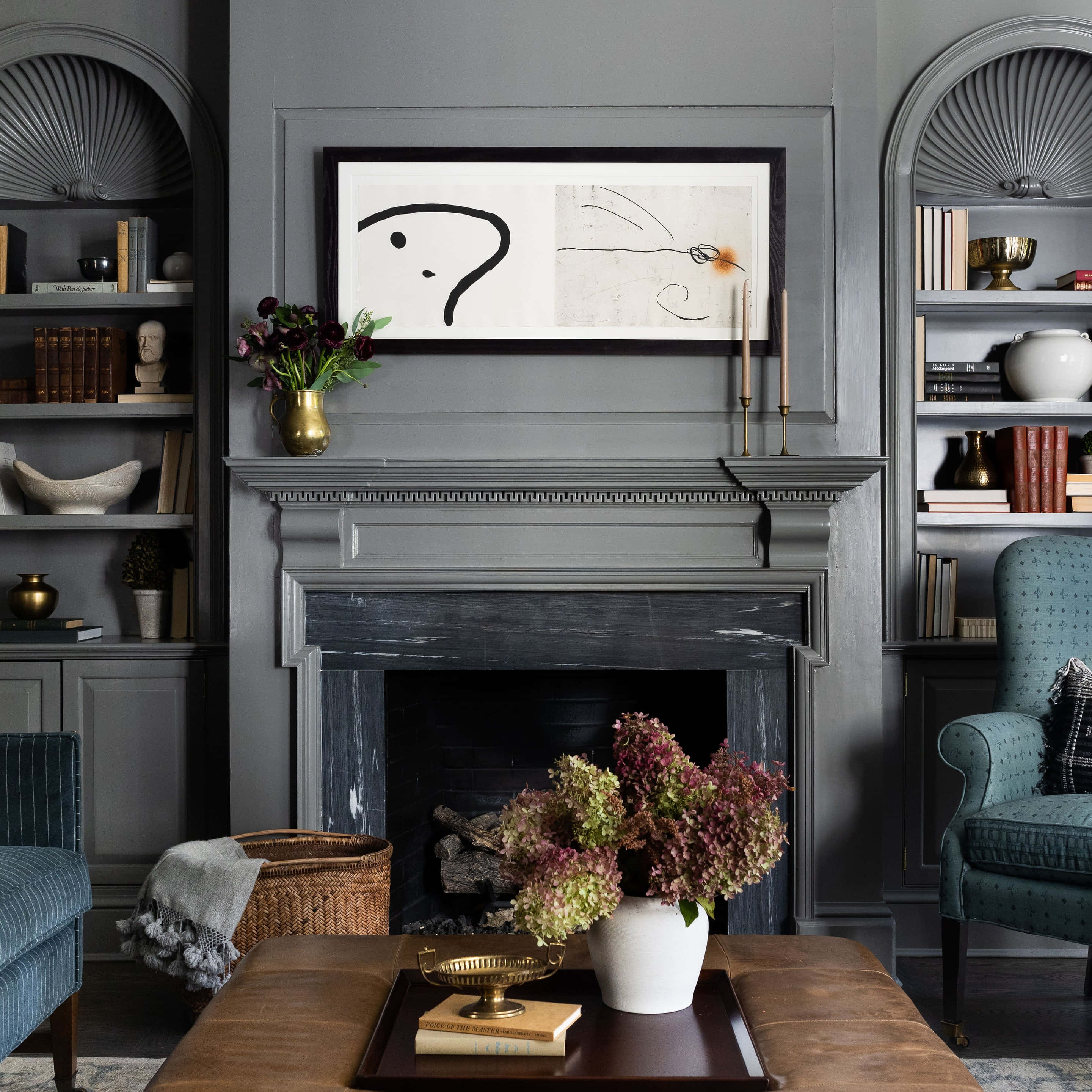 Dark Room, gray-toned living room, classic fireplace, 2K Desktop Wallpaper