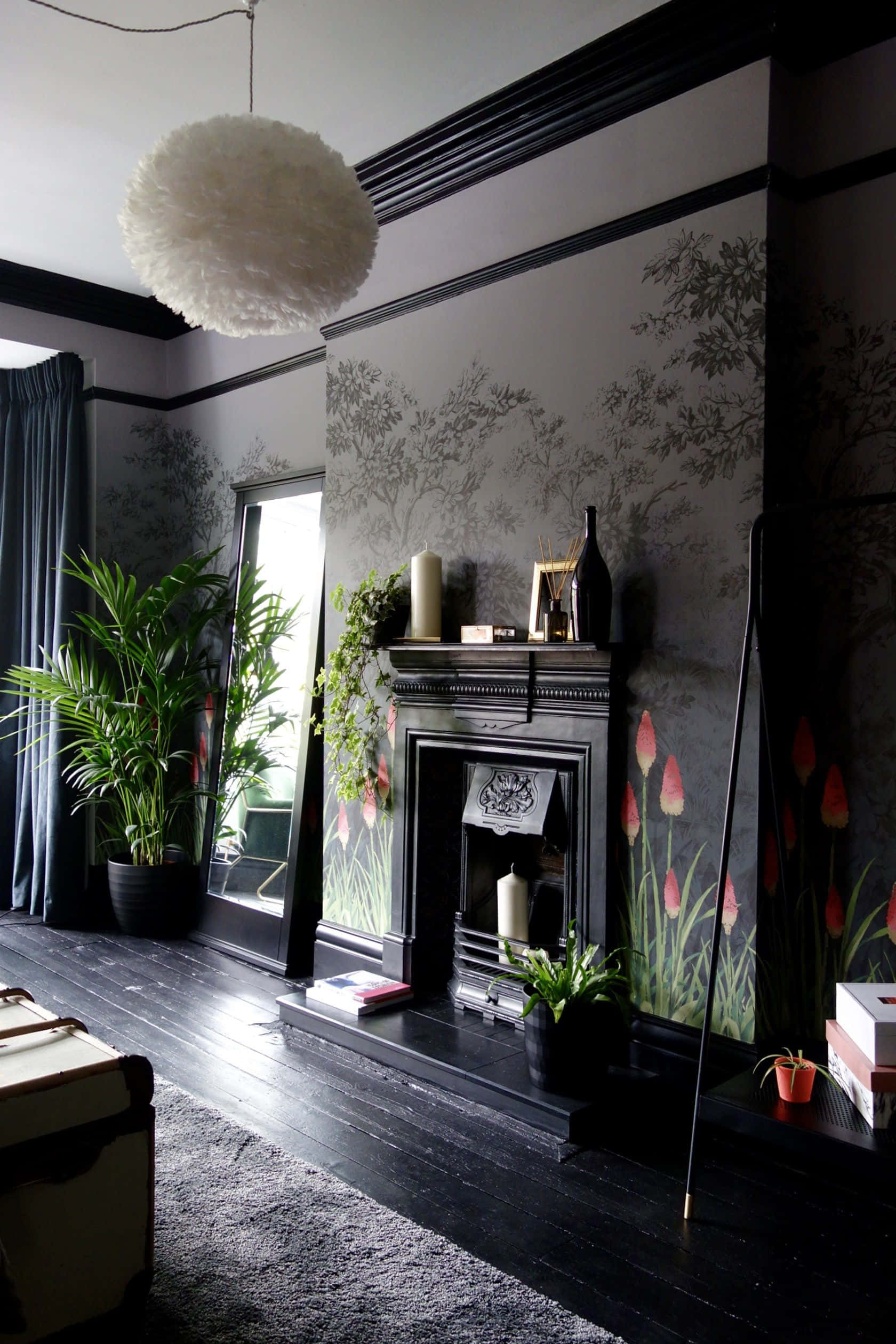 Dark Room, black fireplace, botanical wallpaper, Full HD Phone Wallpaper
