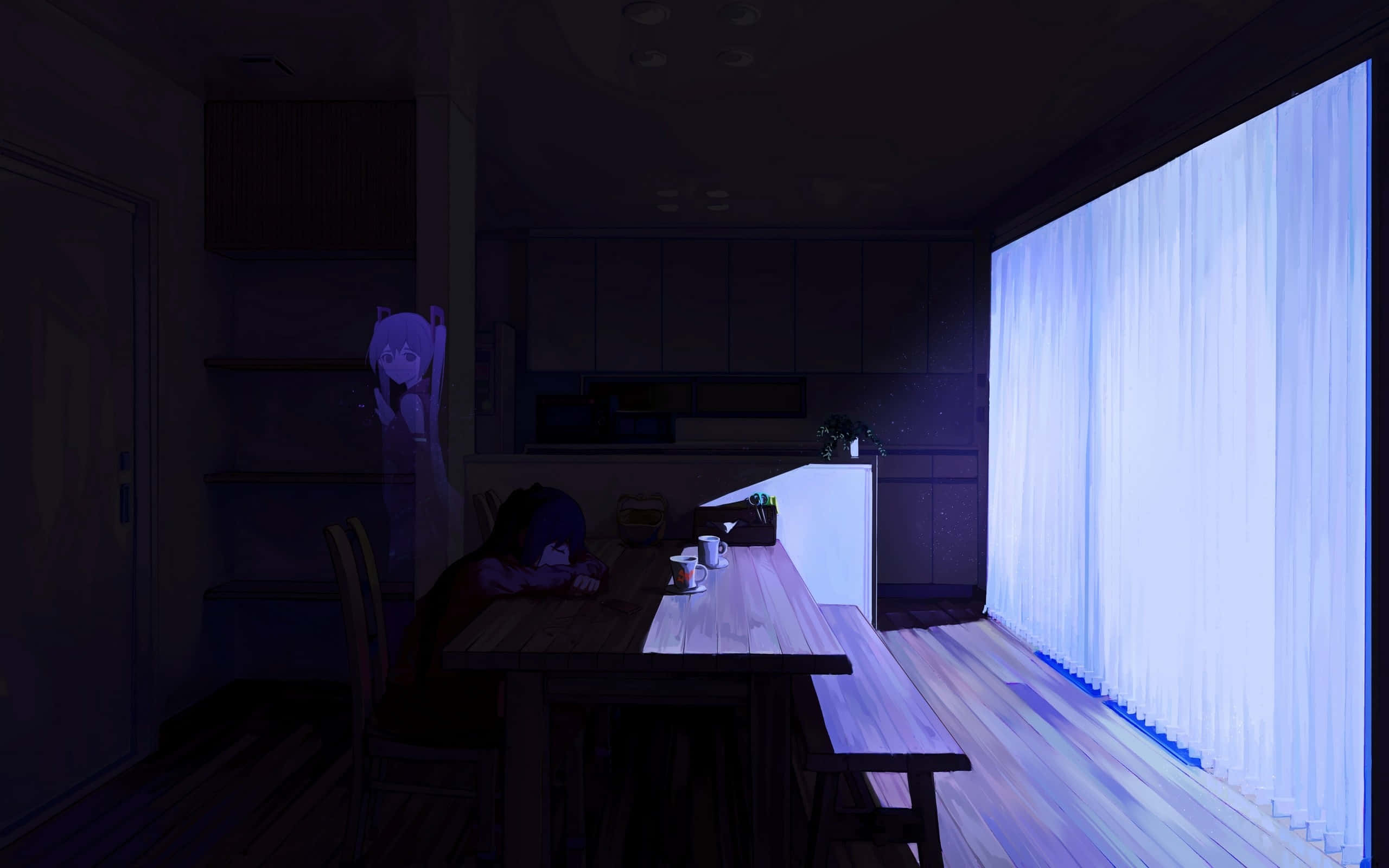 Dark Room, anime kitchen, girl slumped at a wooden table, 2K Desktop Wallpaper
