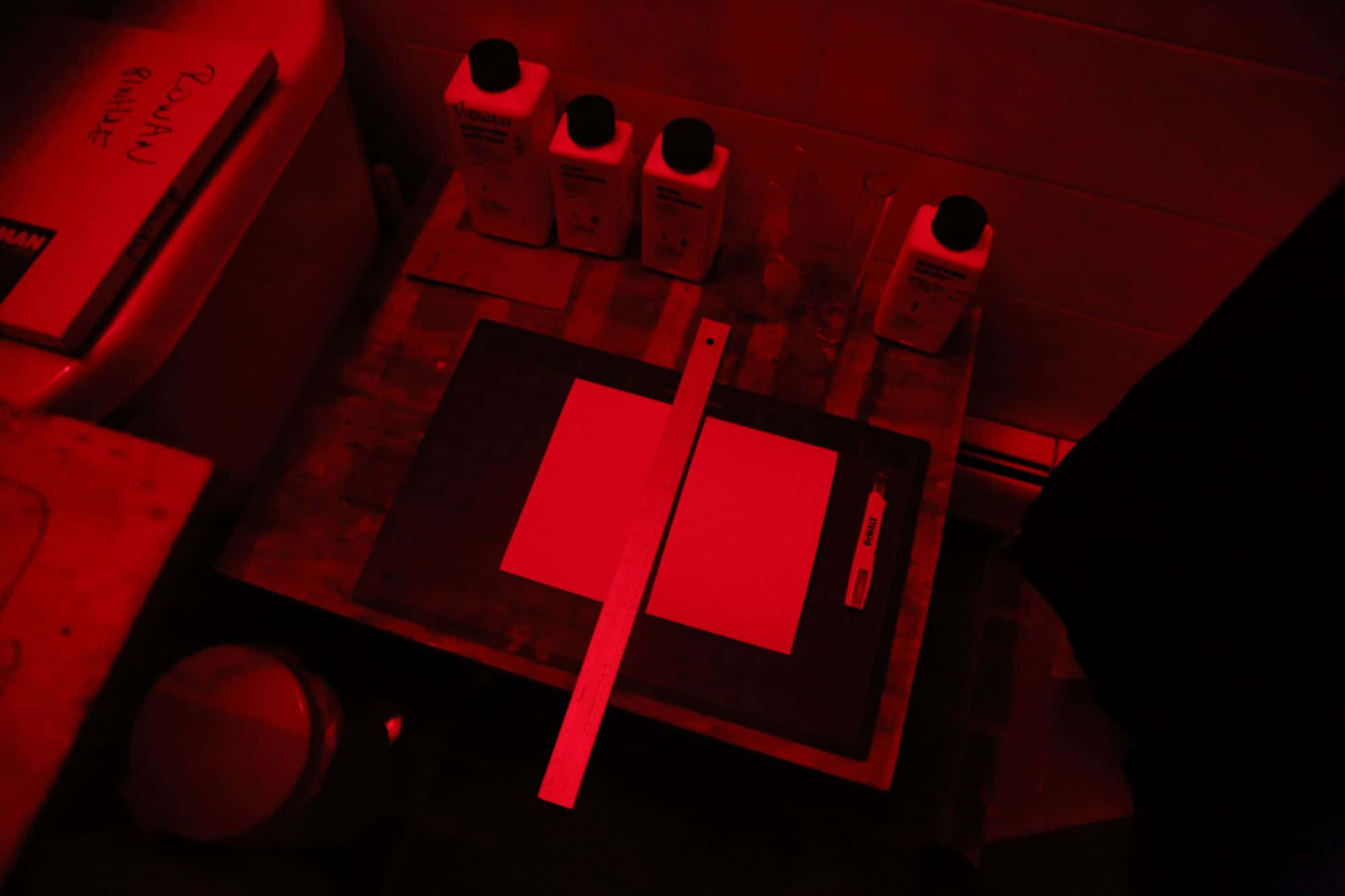 Dark Room, red light, wooden surface, Full HD Desktop Wallpaper