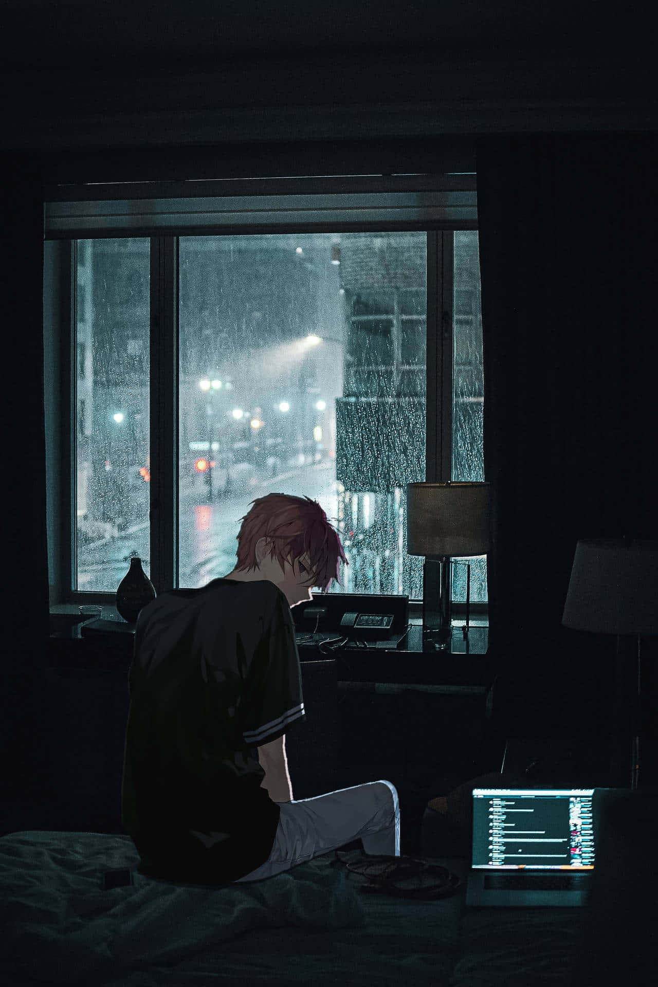 dark room, red-haired anime boy, bed, Full HD Phone Wallpaper