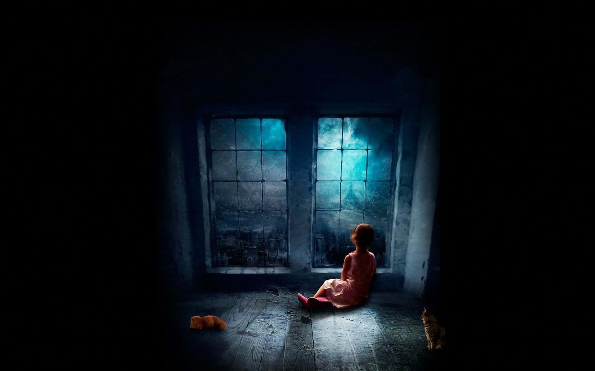 Dark Room, pink dress, wooden floor, Full HD Desktop Wallpaper