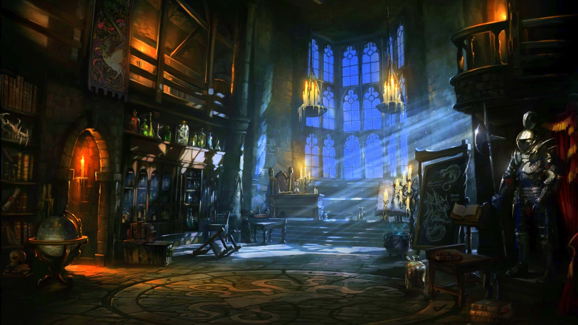 Dark Room, medieval library, stone walls, Full HD Desktop Wallpaper